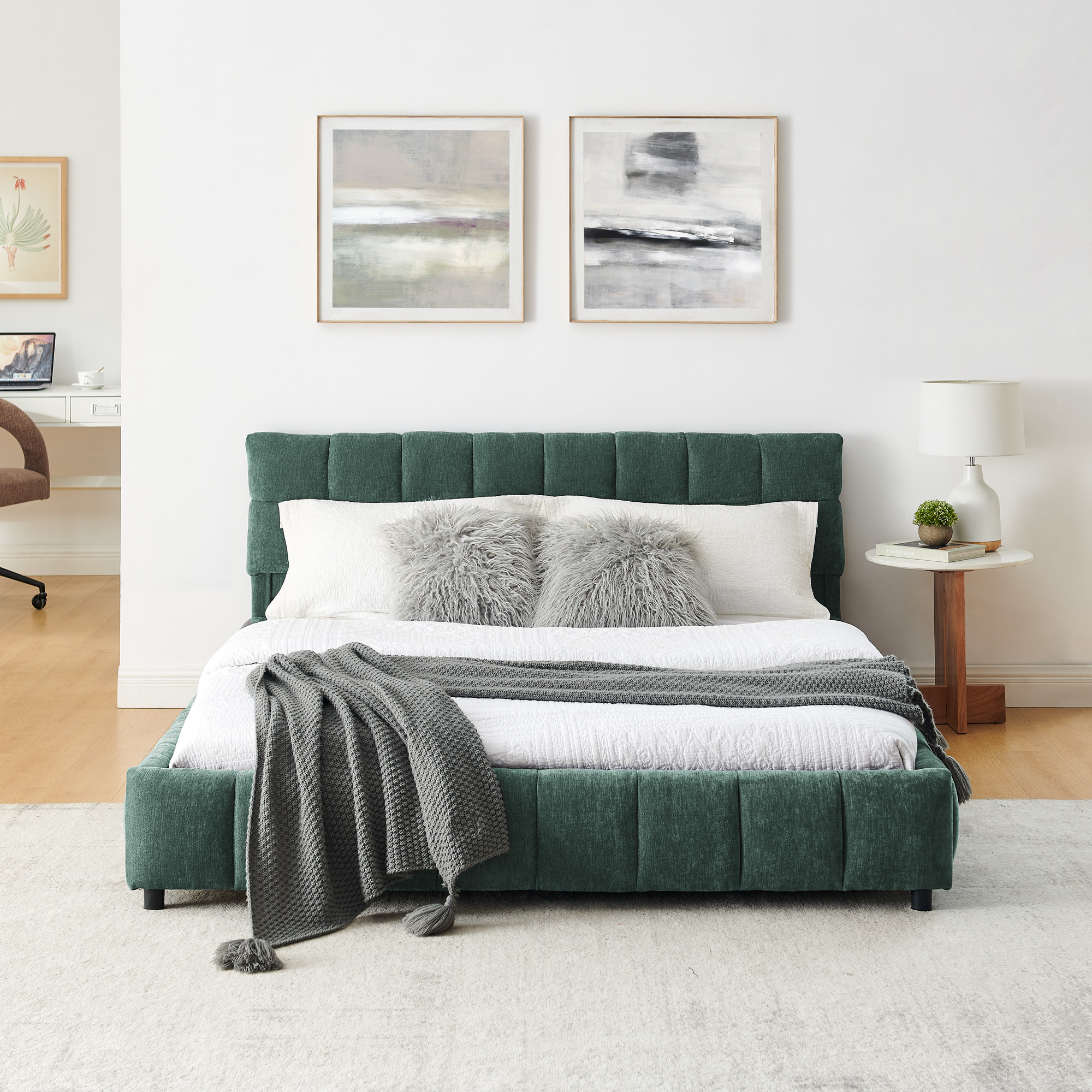Queen Size Upholstered Bed ,comfortable upholstered bed frame, Chenille fabric, with headboard and solid bed frame. With drawer for storage.-green(88.5''*68.5''*31'') - Image 6