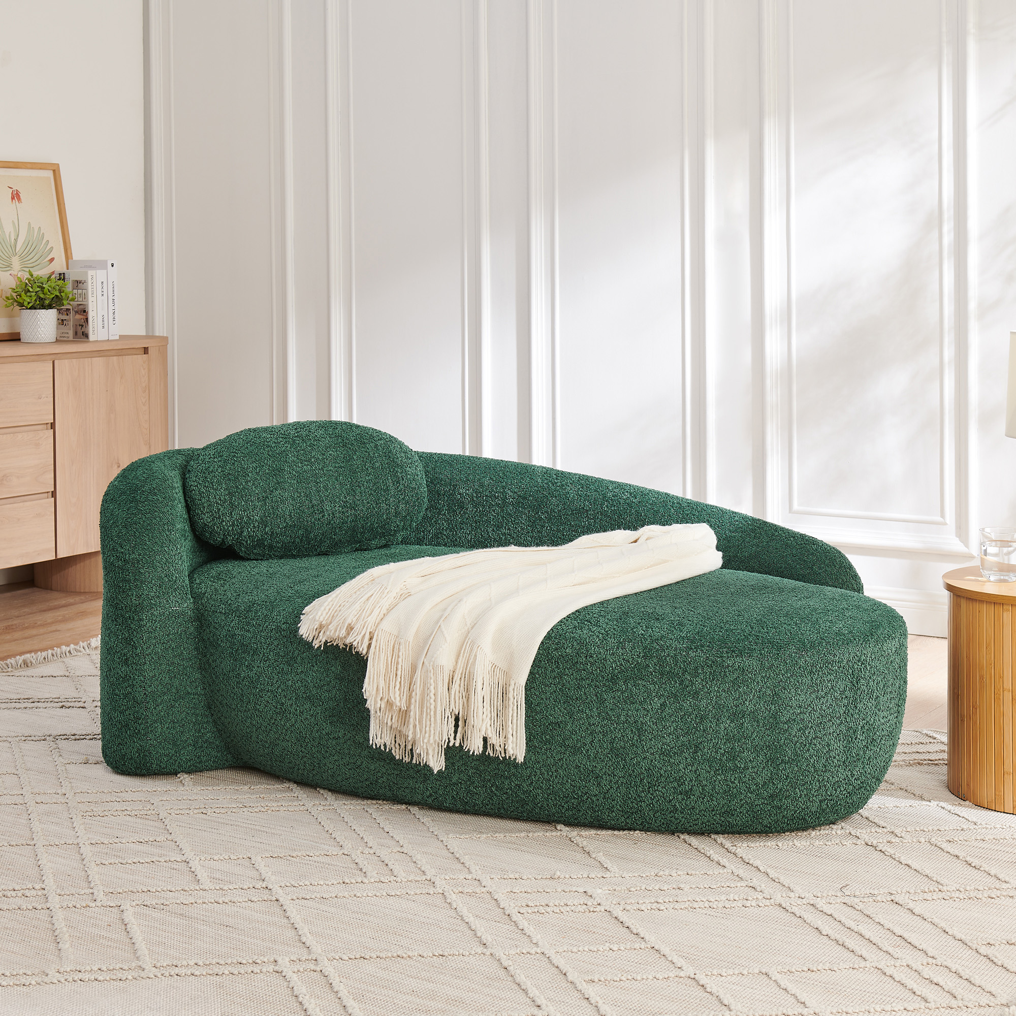 Modern Oval Single Lazy Sofa Chair with Integrated Backrest, Side Armrest and Pillow, Compact Space-Saving Lounge Chair for Living Room Bedroom-Green