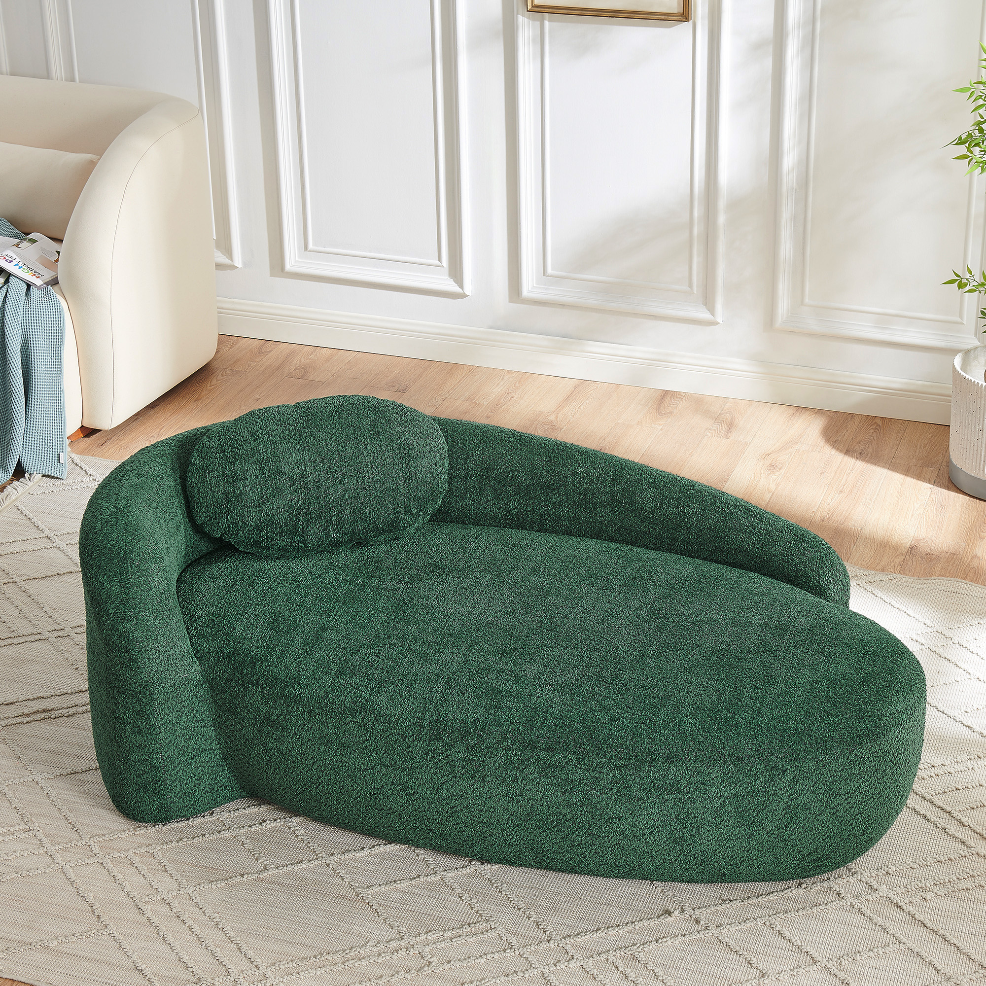 Modern Oval Single Lazy Sofa Chair with Integrated Backrest, Side Armrest and Pillow, Compact Space-Saving Lounge Chair for Living Room Bedroom-Green - Image 2