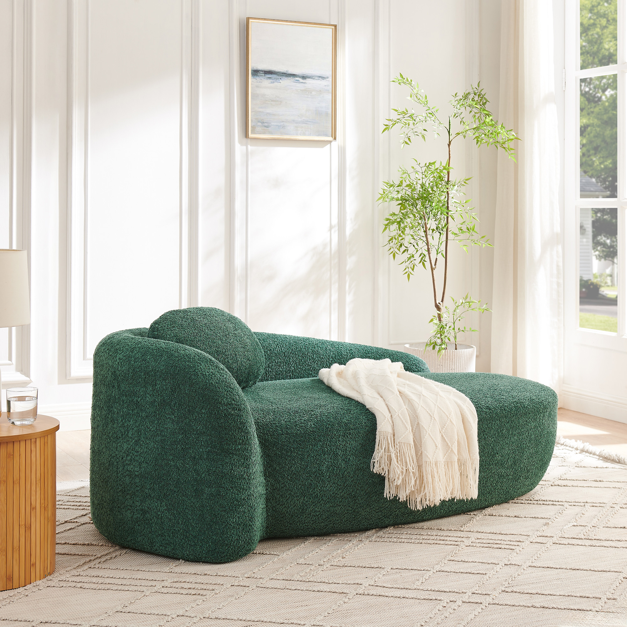 Modern Oval Single Lazy Sofa Chair with Integrated Backrest, Side Armrest and Pillow, Compact Space-Saving Lounge Chair for Living Room Bedroom-Green - Image 3
