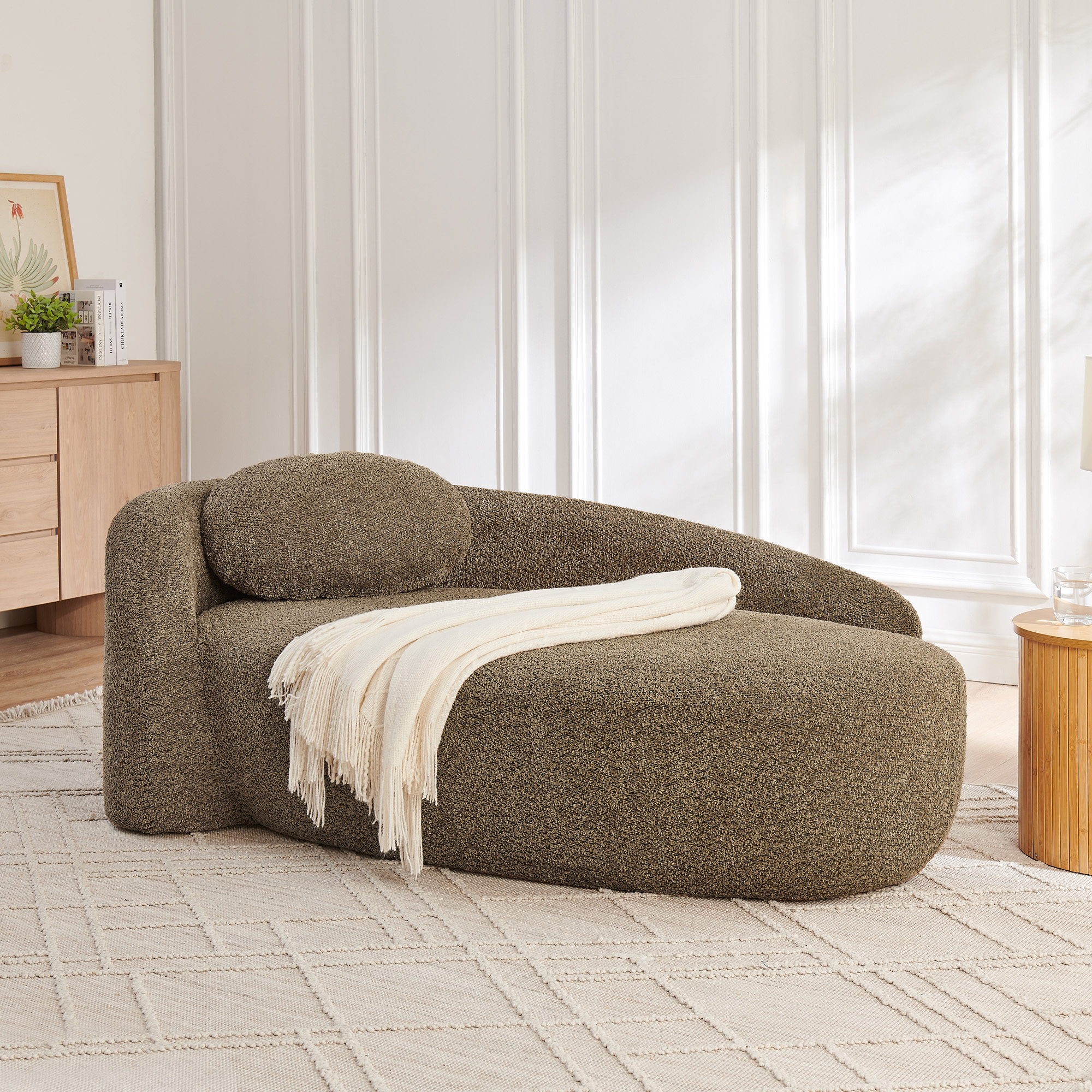 Modern Oval Single Lazy Sofa Chair with Integrated Backrest, Side Armrest and Pillow, Compact Space-Saving Lounge Chair for Living Room Bedroom-Brown