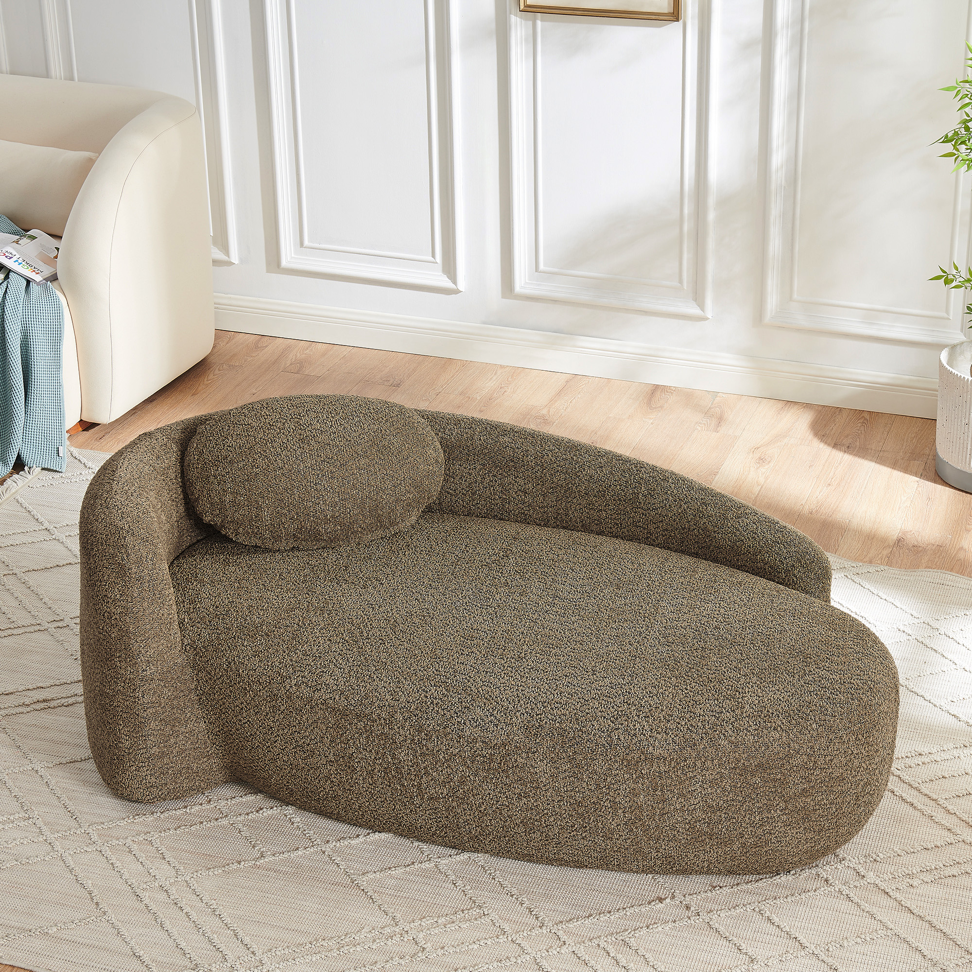 Modern Oval Single Lazy Sofa Chair with Integrated Backrest, Side Armrest and Pillow, Compact Space-Saving Lounge Chair for Living Room Bedroom-Brown - Image 2
