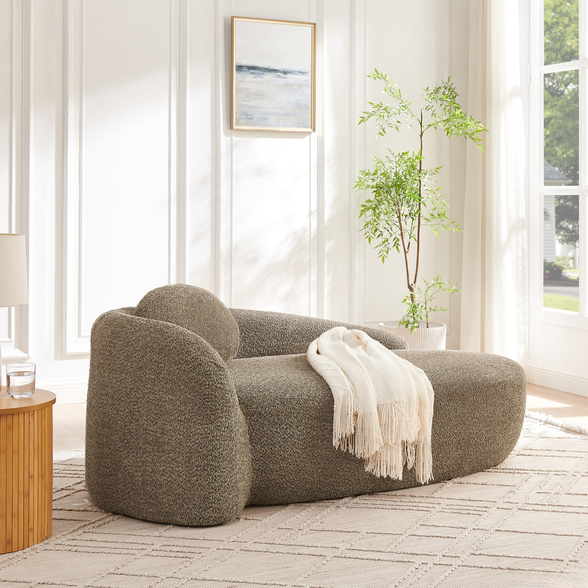 Modern Oval Single Lazy Sofa Chair with Integrated Backrest, Side Armrest and Pillow, Compact Space-Saving Lounge Chair for Living Room Bedroom-Brown - Image 3