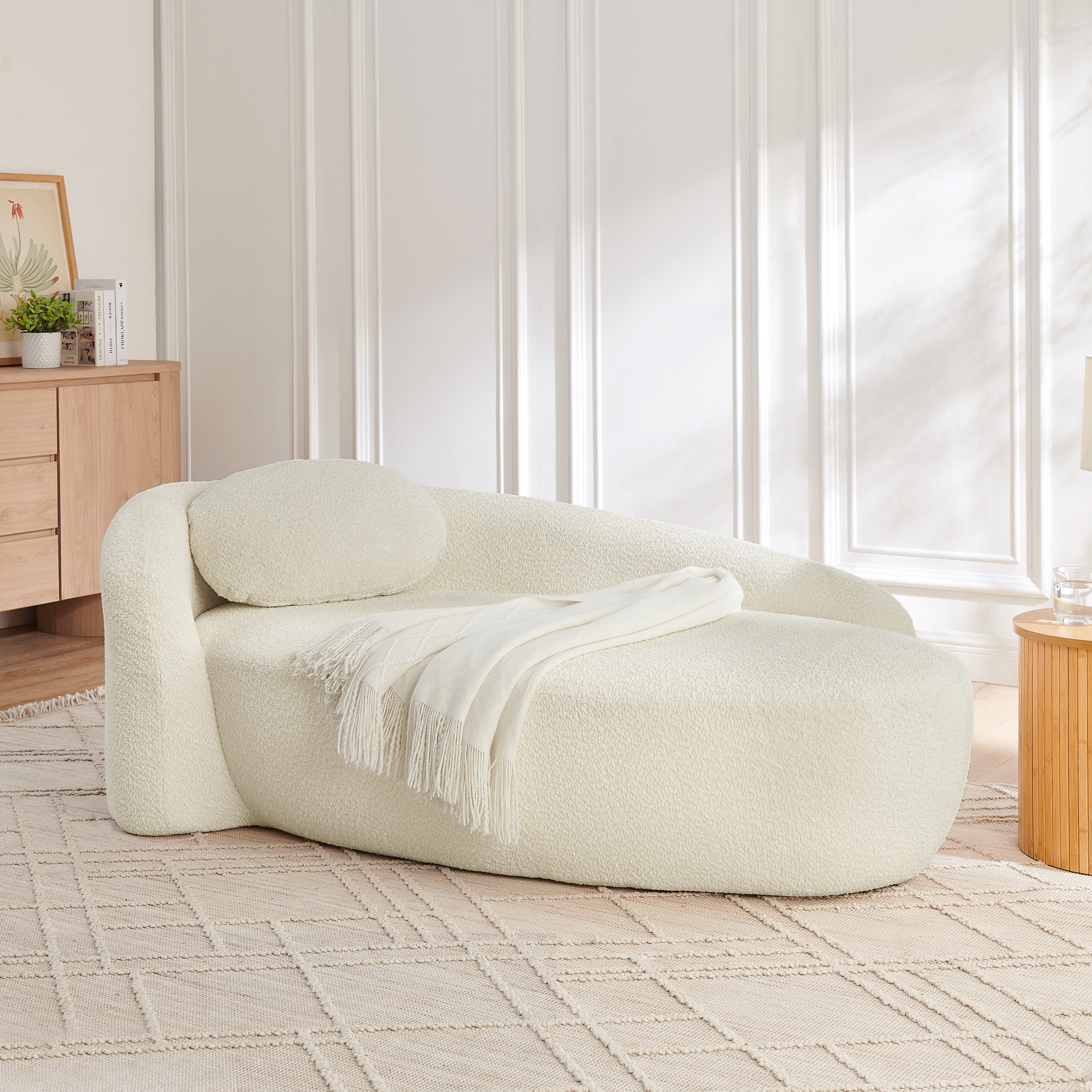 Modern Oval Single Lazy Sofa Chair with Integrated Backrest, Side Armrest and Pillow, Compact Space-Saving Lounge Chair for Living Room Bedroom-Beige