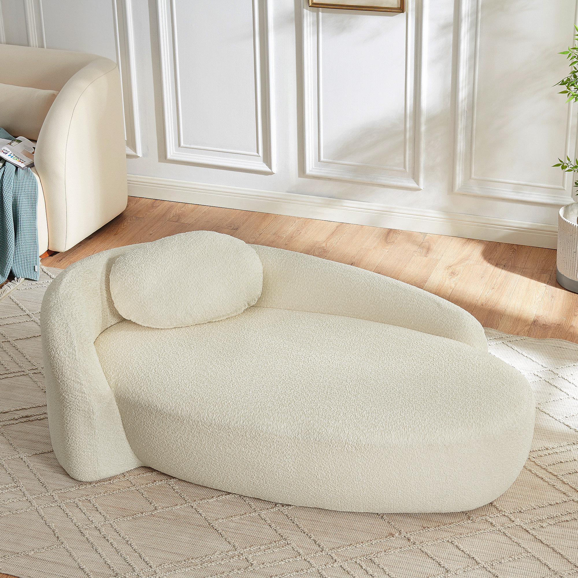 Modern Oval Single Lazy Sofa Chair with Integrated Backrest, Side Armrest and Pillow, Compact Space-Saving Lounge Chair for Living Room Bedroom-Beige - Image 2