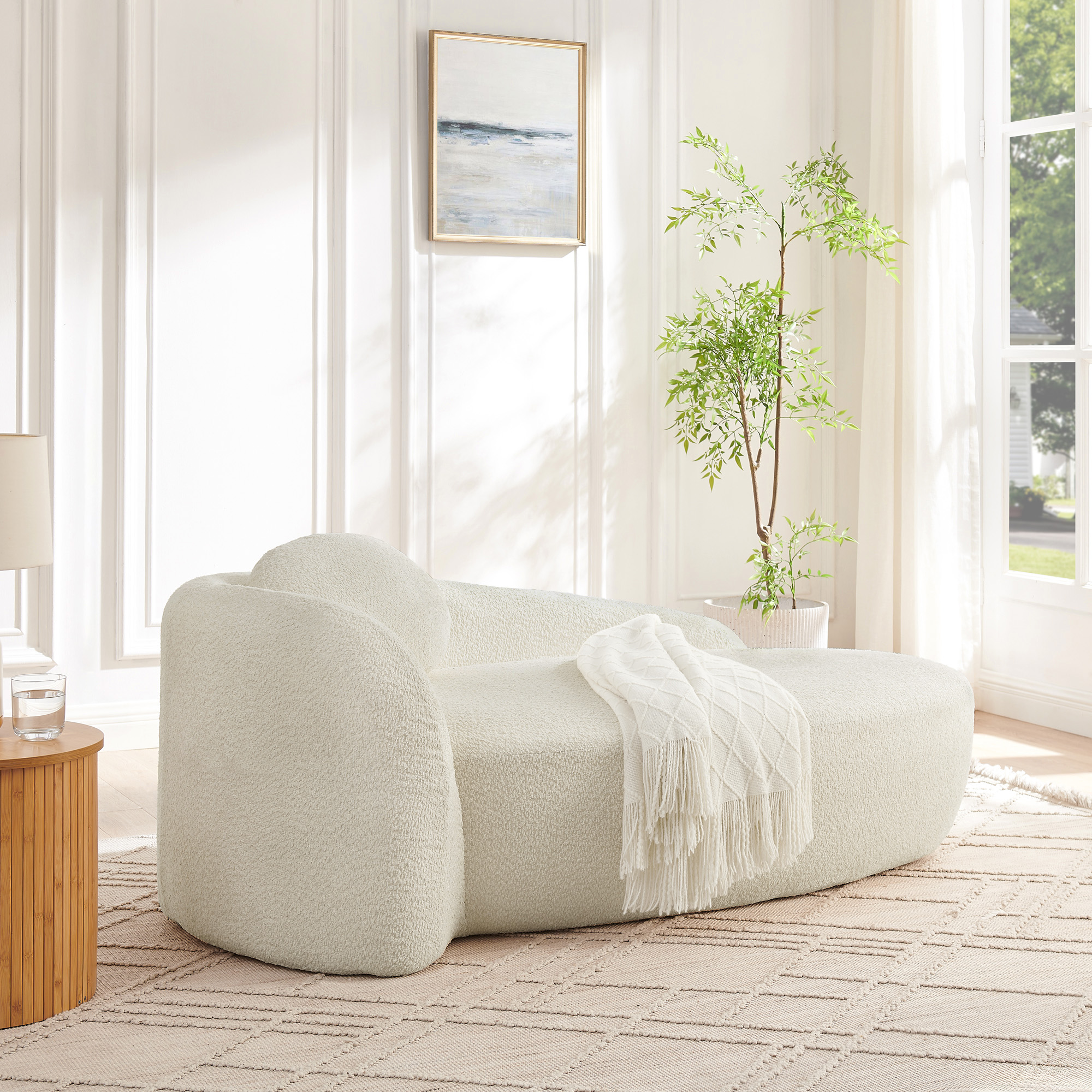 Modern Oval Single Lazy Sofa Chair with Integrated Backrest, Side Armrest and Pillow, Compact Space-Saving Lounge Chair for Living Room Bedroom-Beige - Image 3