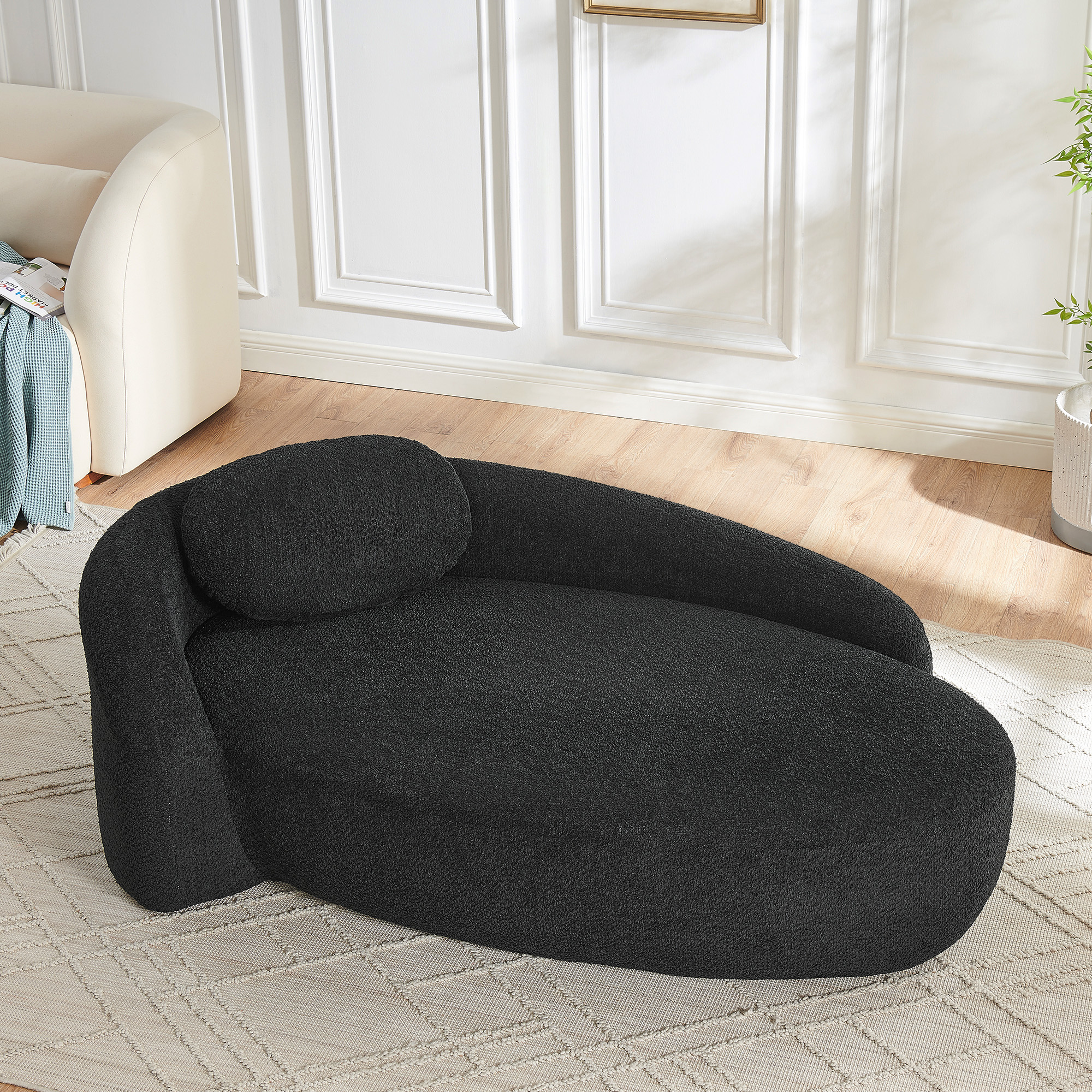 Modern Oval Single Lazy Sofa Chair with Integrated Backrest, Side Armrest and Pillow, Compact Space-Saving Lounge Chair for Living Room Bedroom-Black - Image 2