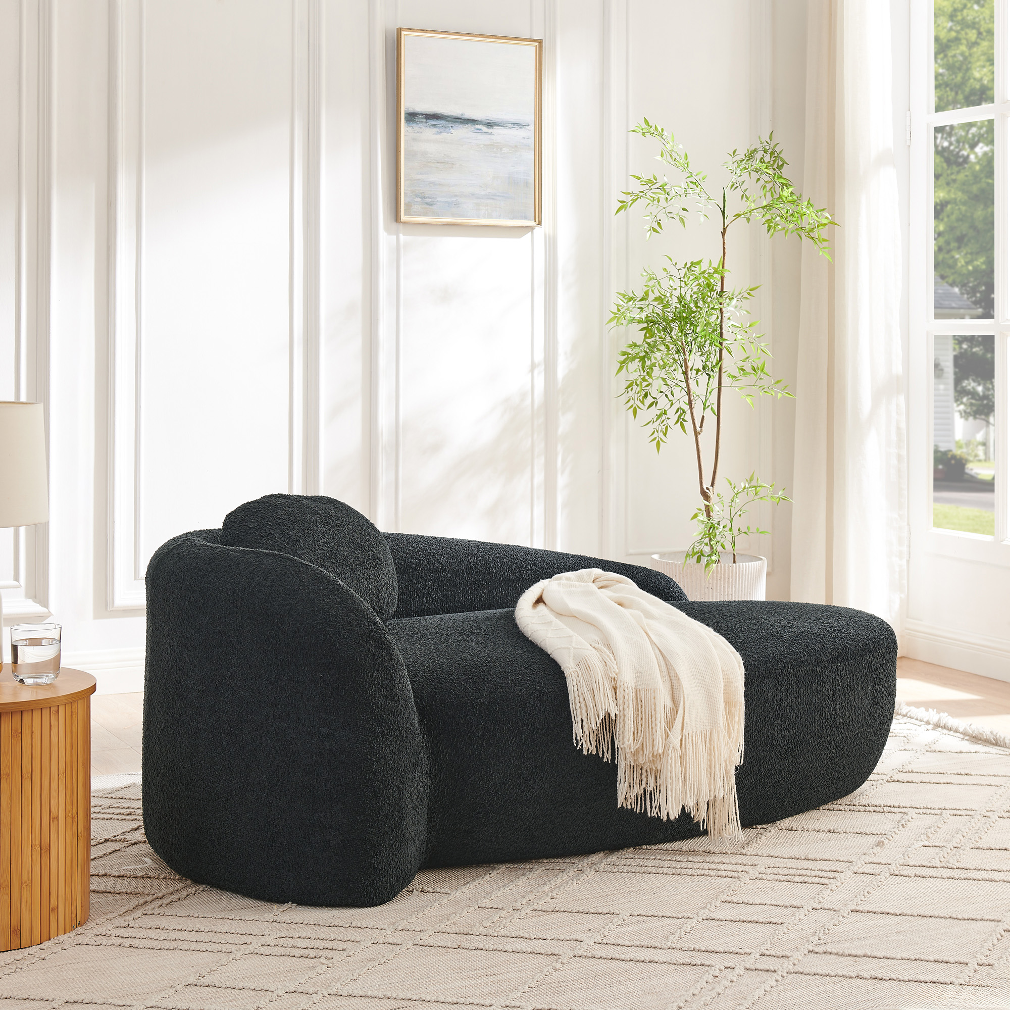 Modern Oval Single Lazy Sofa Chair with Integrated Backrest, Side Armrest and Pillow, Compact Space-Saving Lounge Chair for Living Room Bedroom-Black - Image 3