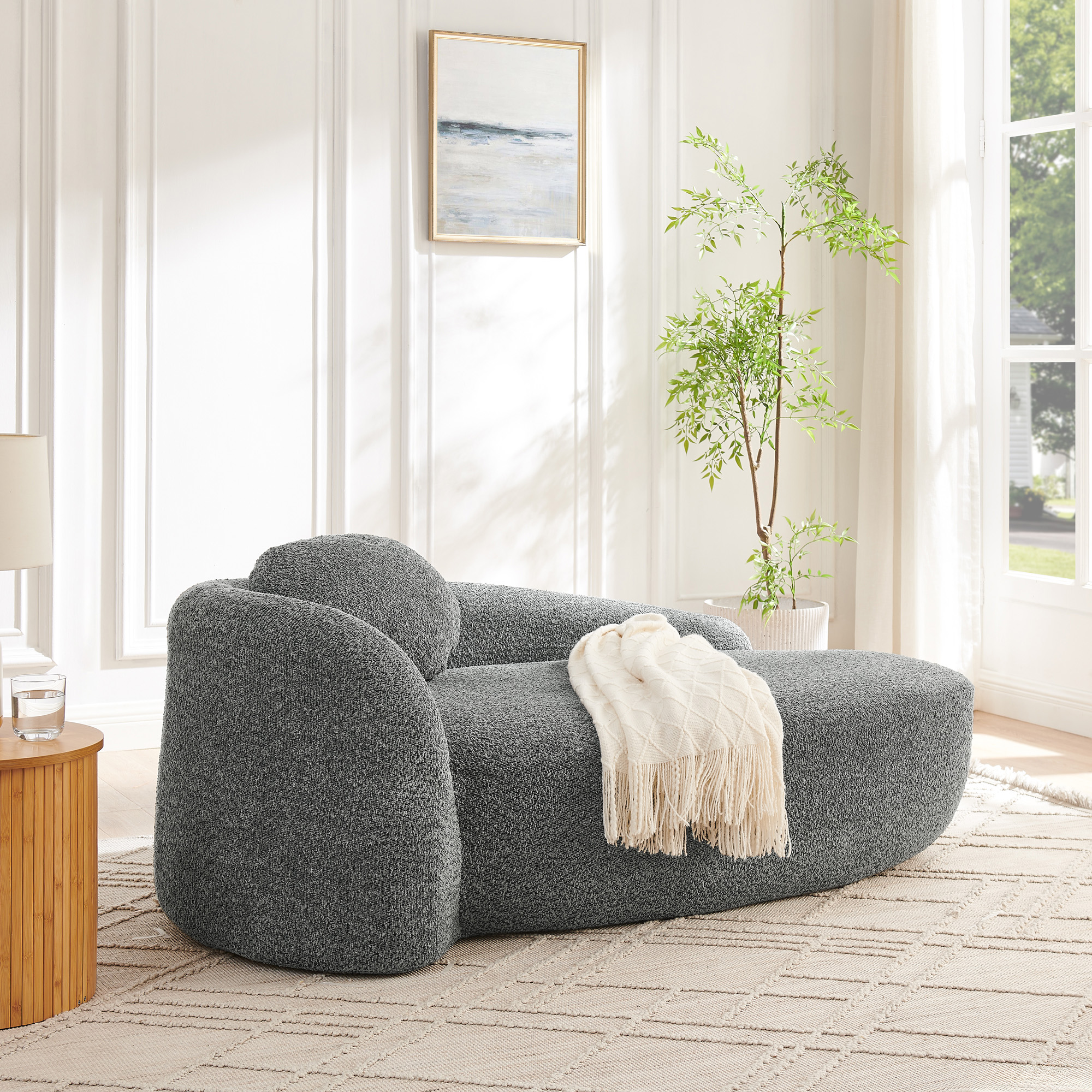 Modern Oval Single Lazy Sofa Chair with Integrated Backrest, Side Armrest and Pillow, Compact Space-Saving Lounge Chair for Living Room Bedroom-Dark Gray - Image 2