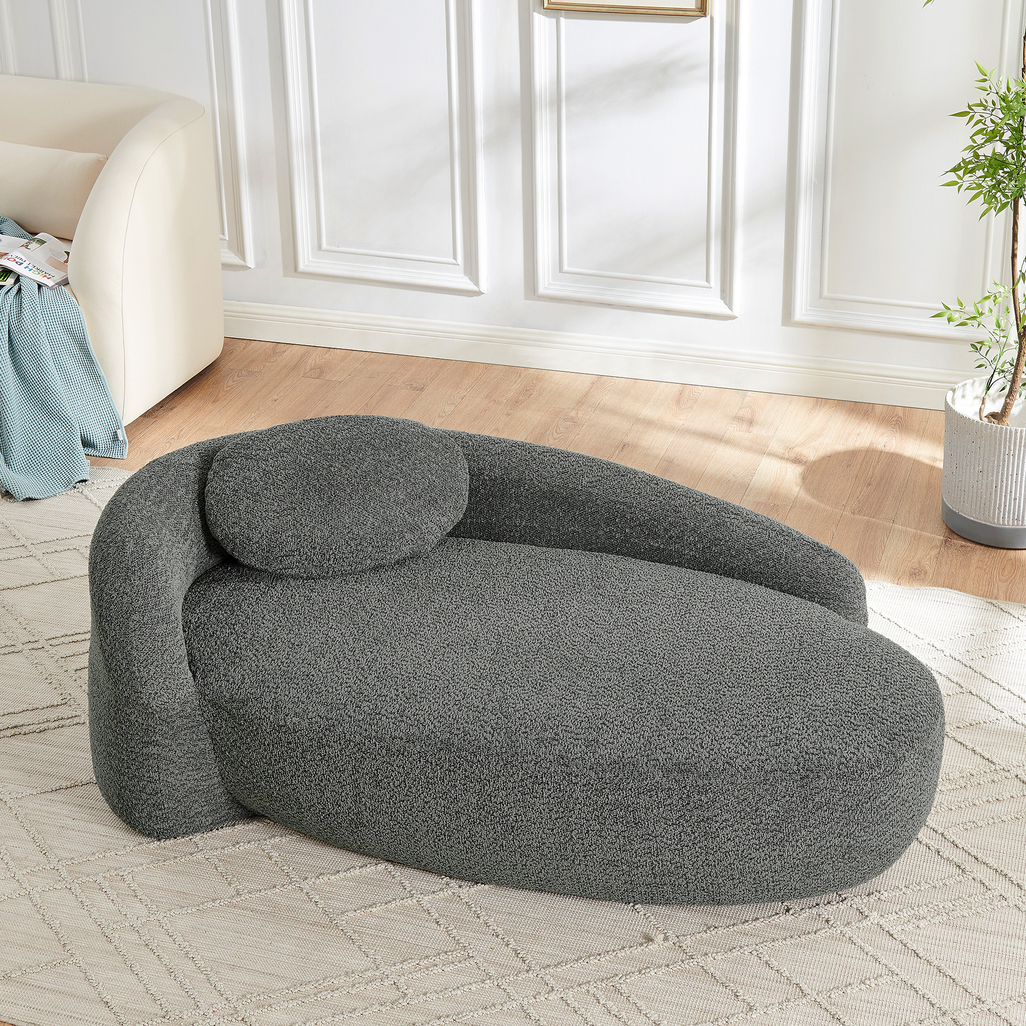 Modern Oval Single Lazy Sofa Chair with Integrated Backrest, Side Armrest and Pillow, Compact Space-Saving Lounge Chair for Living Room Bedroom-Dark Gray - Image 3
