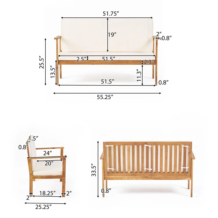 Beige Acacia Wood Loveseat with Water-Resistant Cushions, Outdoor Patio Furniture for Balcony & Garden (Original SKU:56930.00) - Image 2