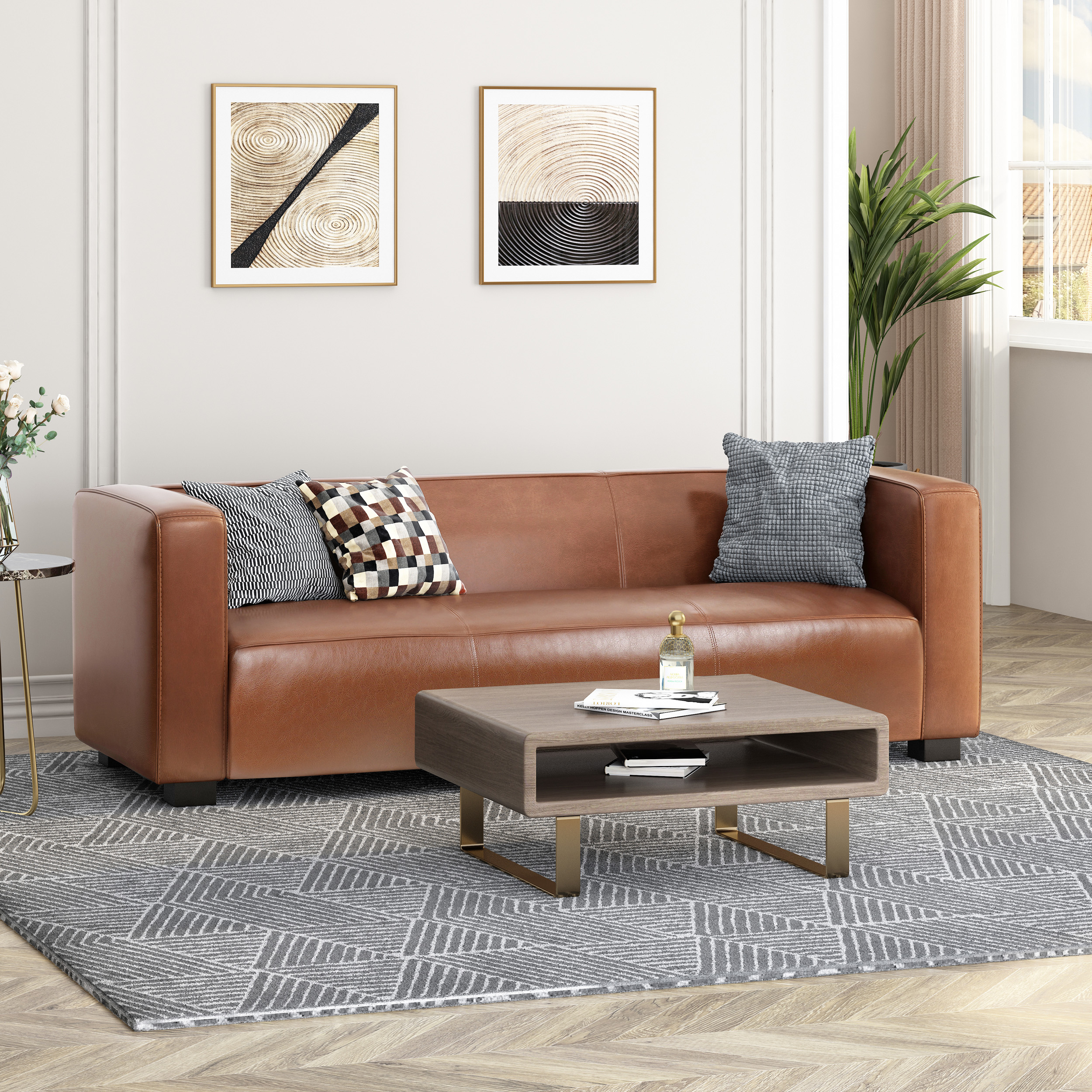 Light Brown Leather Sofa - Modern 3-Seater Living Room Couch with Plush Comfort, 80.25" Wide - Elegant Home Furniture (Original SKU:71802.00COGN) - Image 4