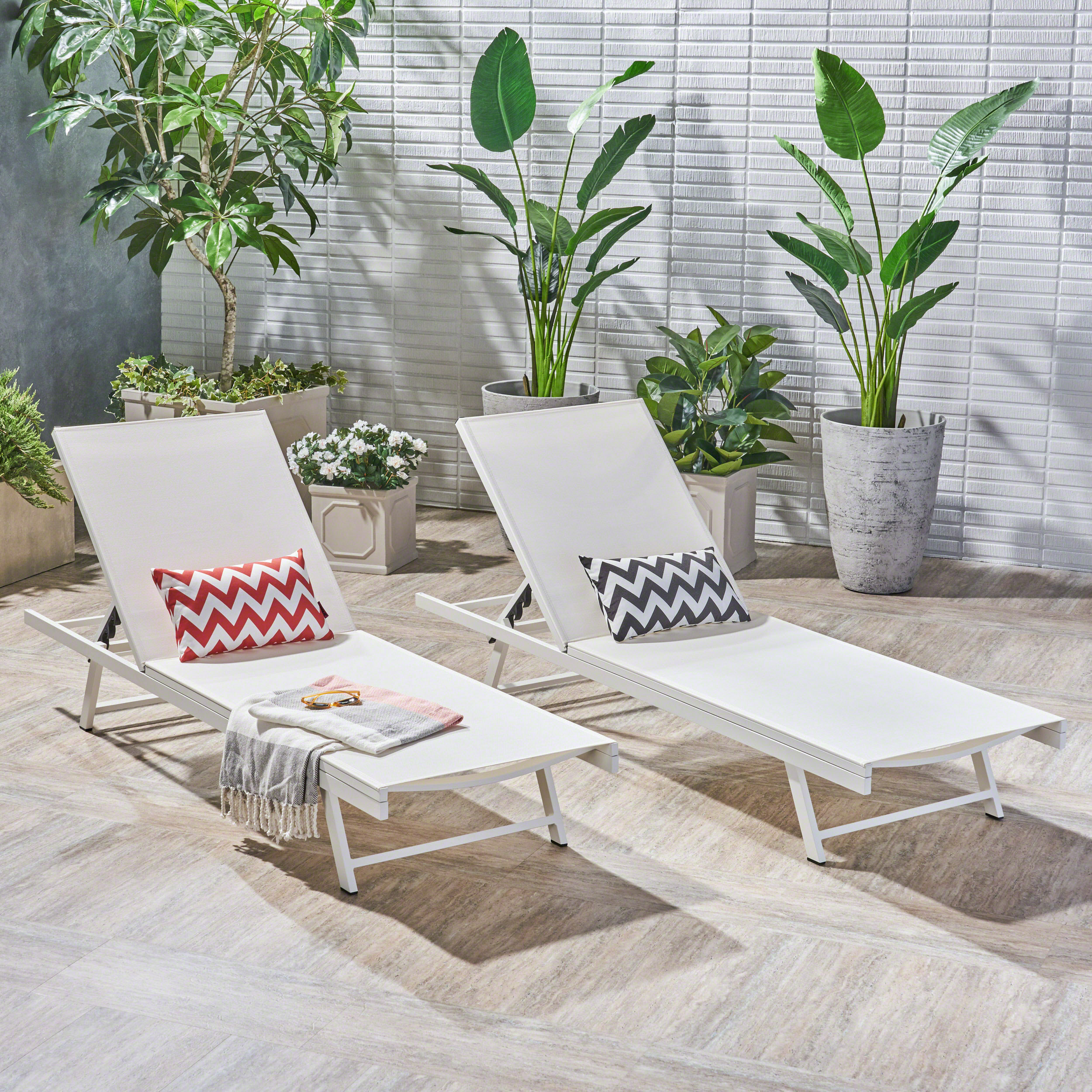 Outdoor Chaise Lounge Set of 2, 5-Position Adjustable Backrest, White Steel Frame with Textilence Seat, Patio Poolside Reclining Chairs (Original SKU:60919.00WHIMSHMP2)