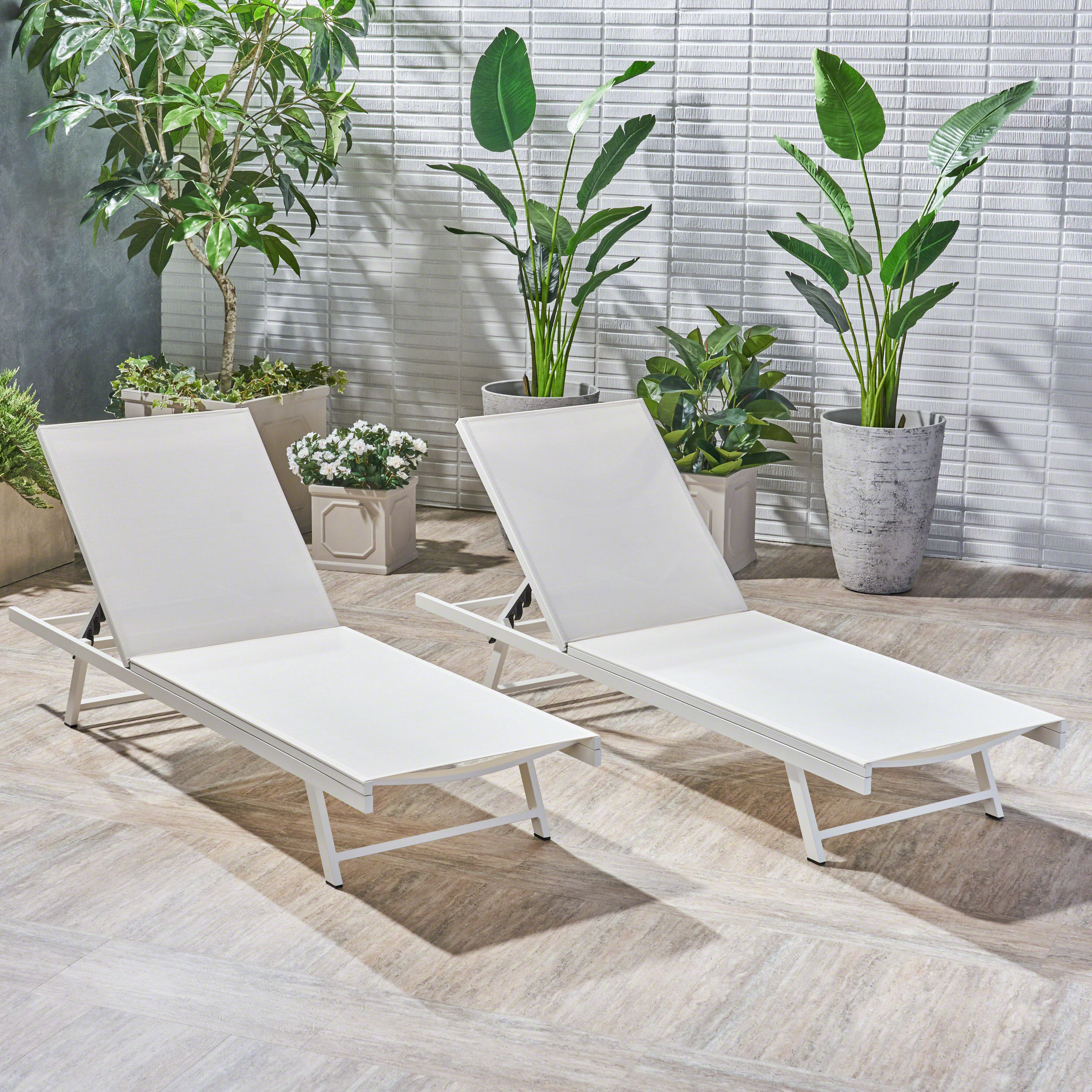 Outdoor Chaise Lounge Set of 2, 5-Position Adjustable Backrest, White Steel Frame with Textilence Seat, Patio Poolside Reclining Chairs (Original SKU:60919.00WHIMSHMP2) - Image 3