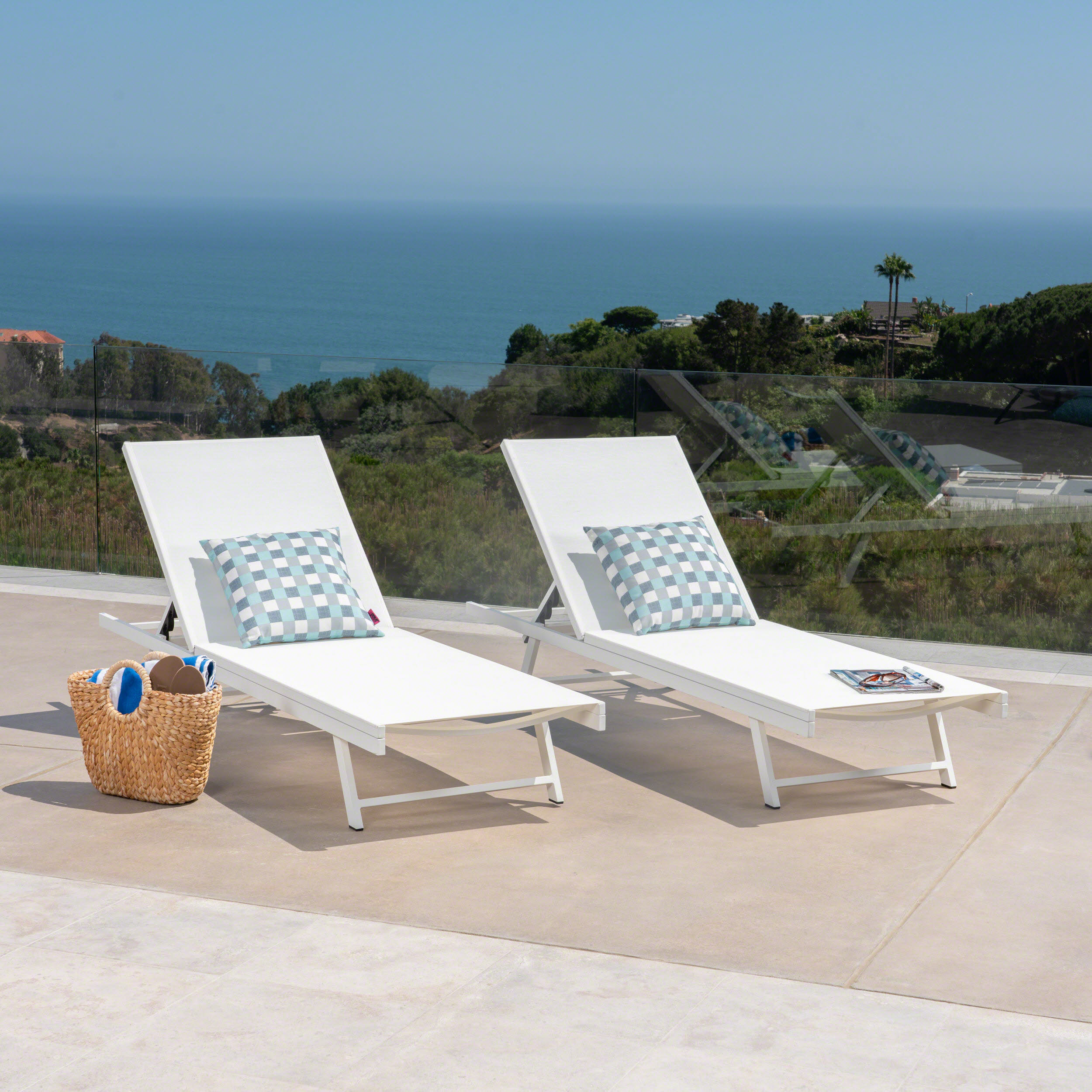Outdoor Chaise Lounge Set of 2, 5-Position Adjustable Backrest, White Steel Frame with Textilence Seat, Patio Poolside Reclining Chairs (Original SKU:60919.00WHIMSHMP2) - Image 5