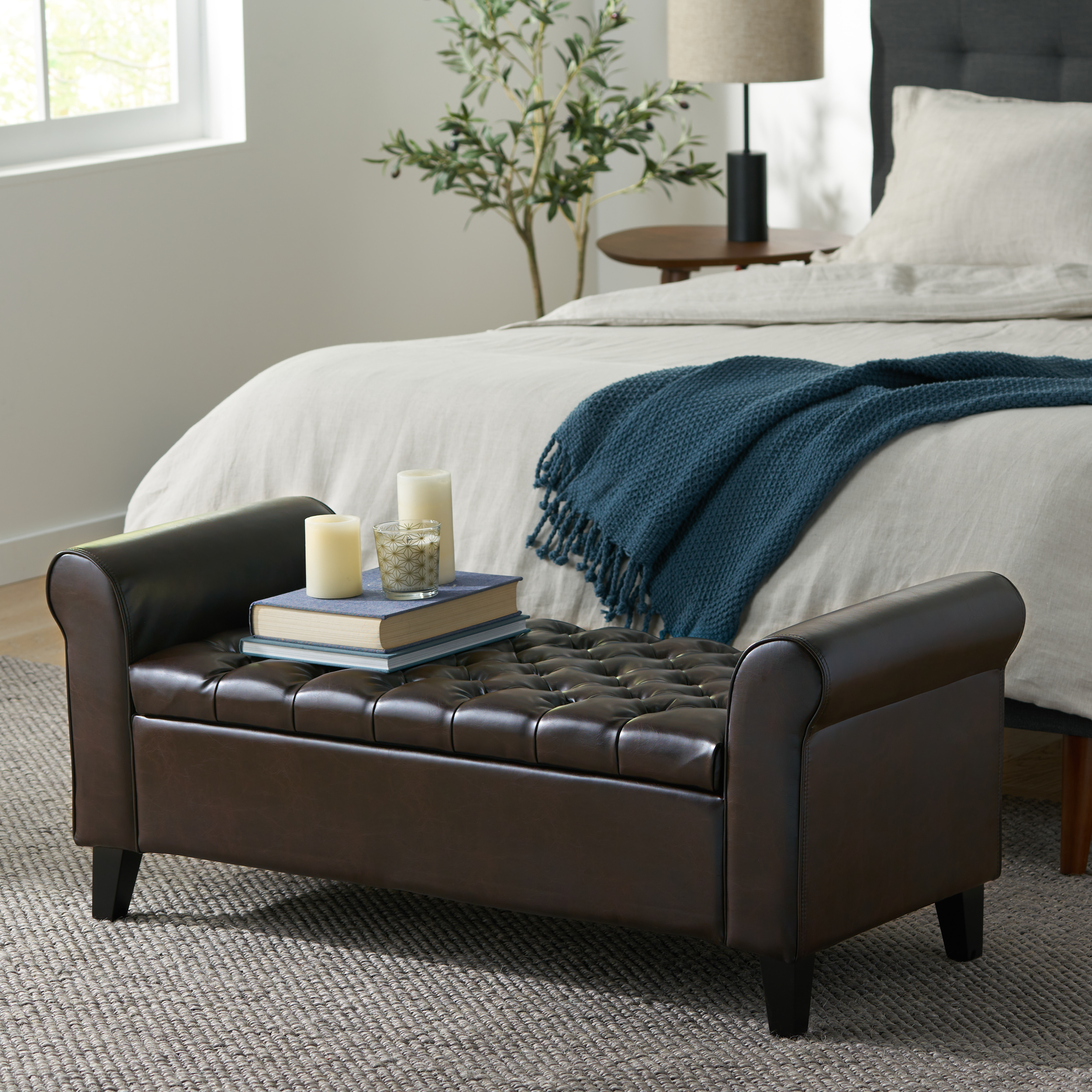 Brown Fabric Storage Bench with Rolled Arms, 38" Seat Width, Black Legs, Button Fabric Design, Living Room Bedroom Entryway Furniture (Original SKU:59335.00PU) - Image 3