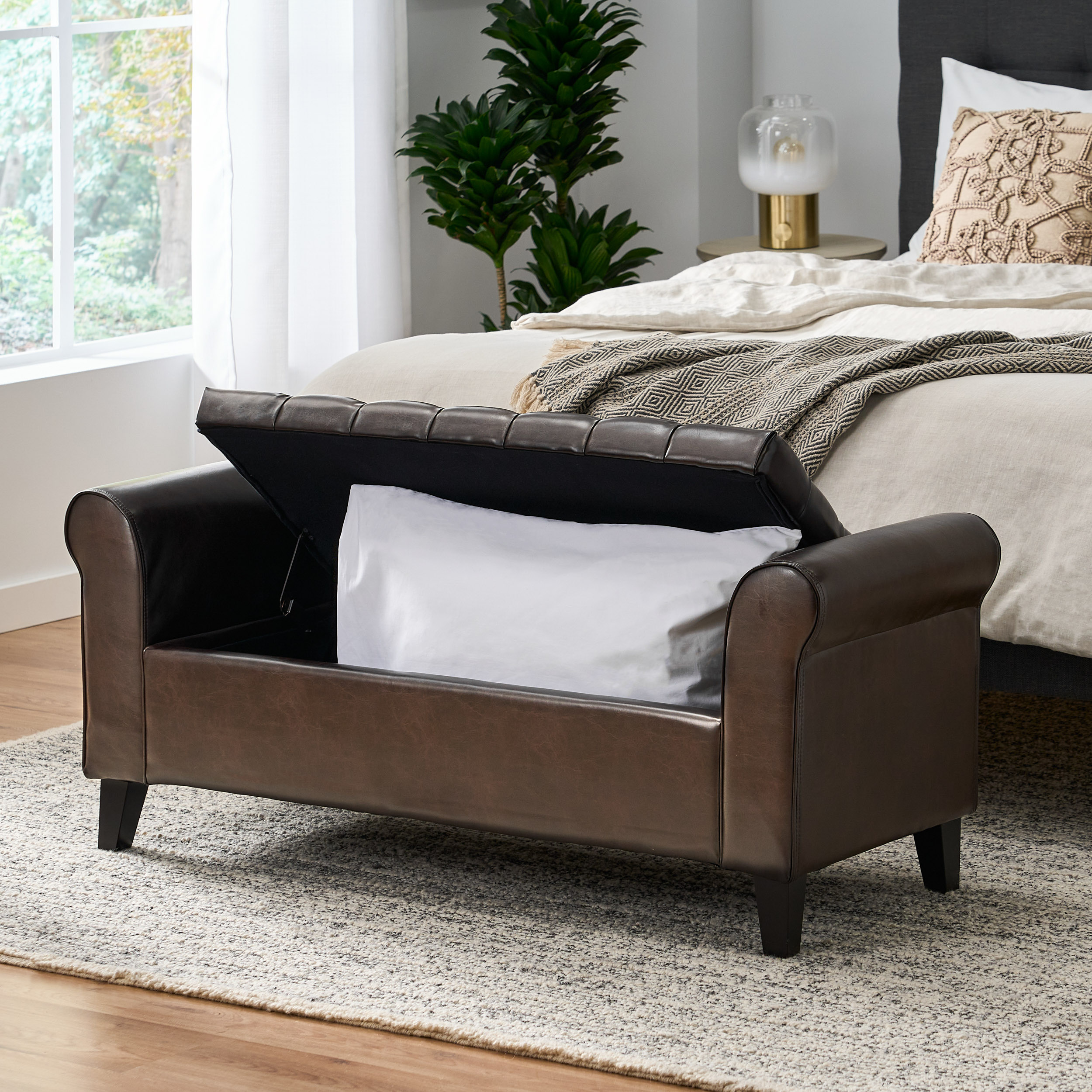 Brown Fabric Storage Bench with Rolled Arms, 38" Seat Width, Black Legs, Button Fabric Design, Living Room Bedroom Entryway Furniture (Original SKU:59335.00PU) - Image 4