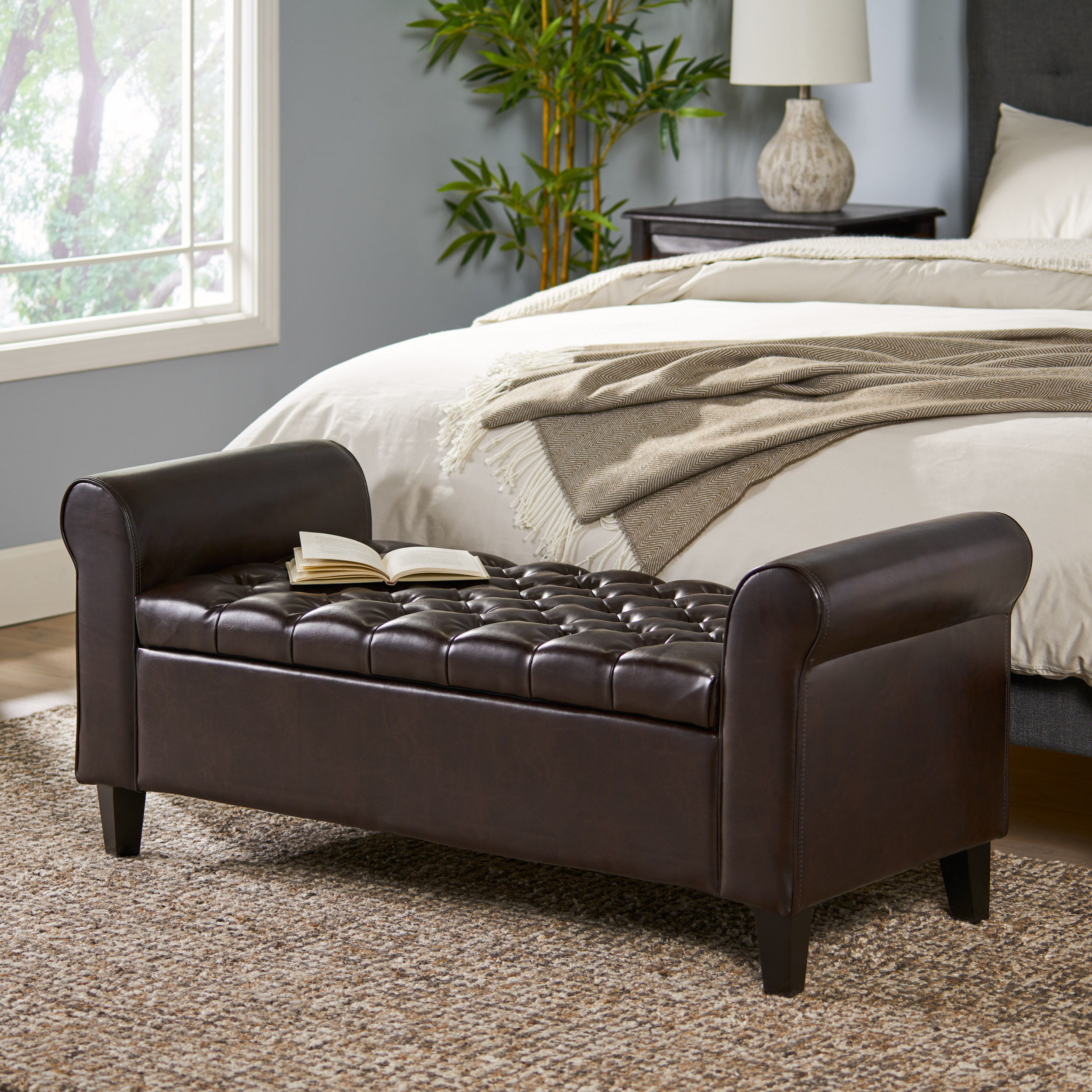 Brown Fabric Storage Bench with Rolled Arms, 38" Seat Width, Black Legs, Button Fabric Design, Living Room Bedroom Entryway Furniture (Original SKU:59335.00PU) - Image 5