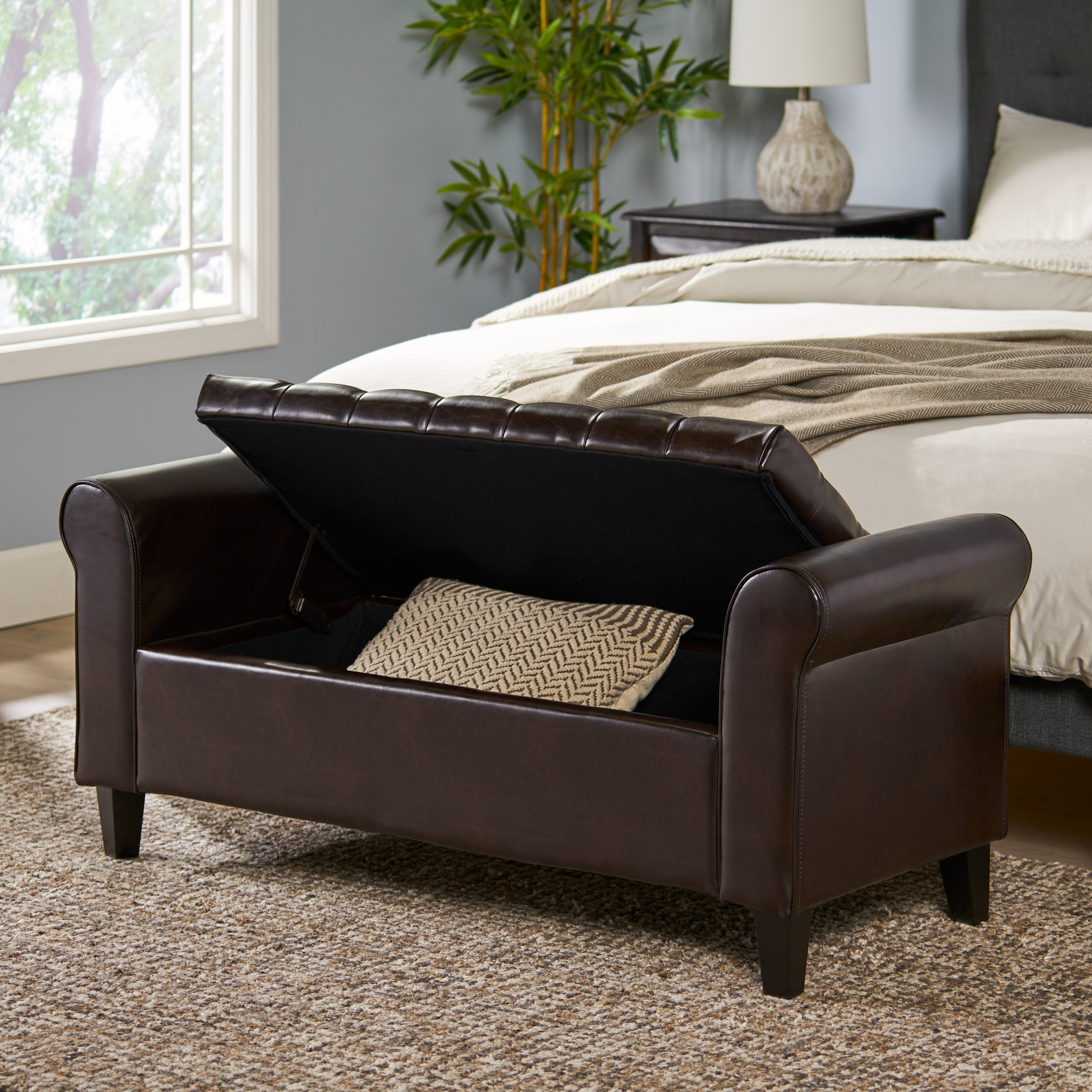 Brown Fabric Storage Bench with Rolled Arms, 38" Seat Width, Black Legs, Button Fabric Design, Living Room Bedroom Entryway Furniture (Original SKU:59335.00PU) - Image 6