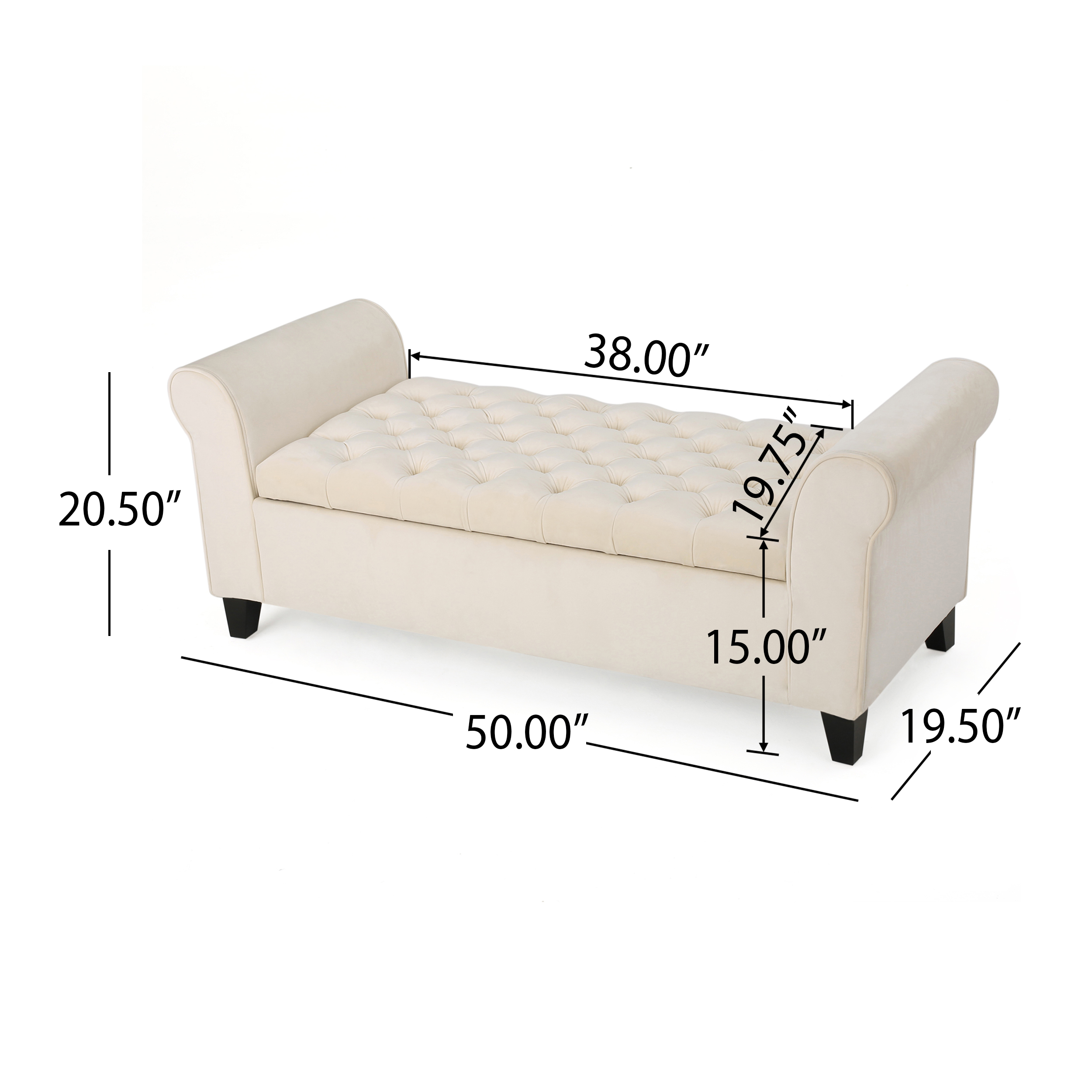 lvory Fabric Storage Bench with Rolled Arms, 38" Seat Width, Black Legs, Button Fabric Design, Living Room Bedroom Entryway Furniture (Original SKU:59335.00NVLT) - Image 2