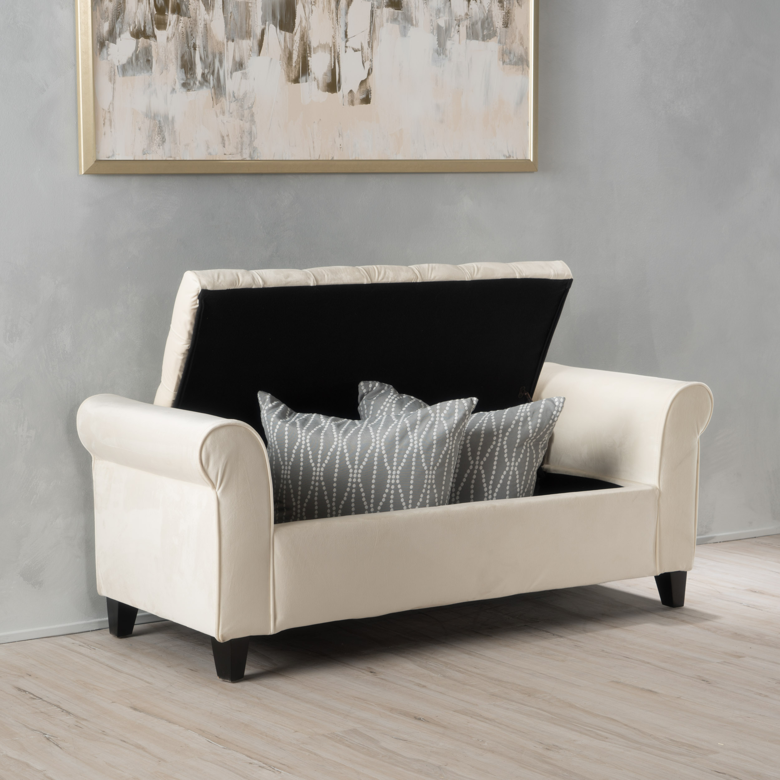 lvory Fabric Storage Bench with Rolled Arms, 38" Seat Width, Black Legs, Button Fabric Design, Living Room Bedroom Entryway Furniture (Original SKU:59335.00NVLT) - Image 3