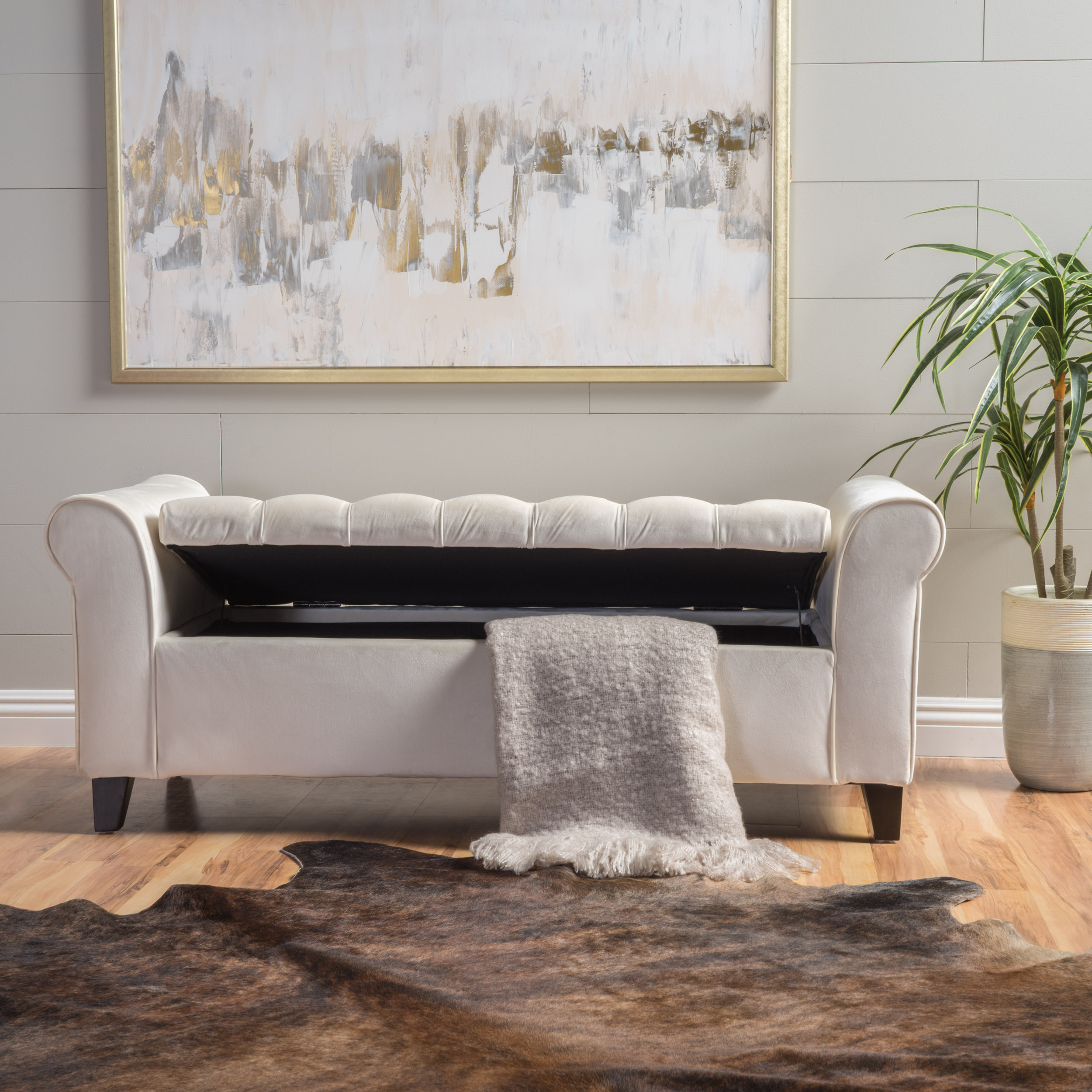 lvory Fabric Storage Bench with Rolled Arms, 38" Seat Width, Black Legs, Button Fabric Design, Living Room Bedroom Entryway Furniture (Original SKU:59335.00NVLT) - Image 4