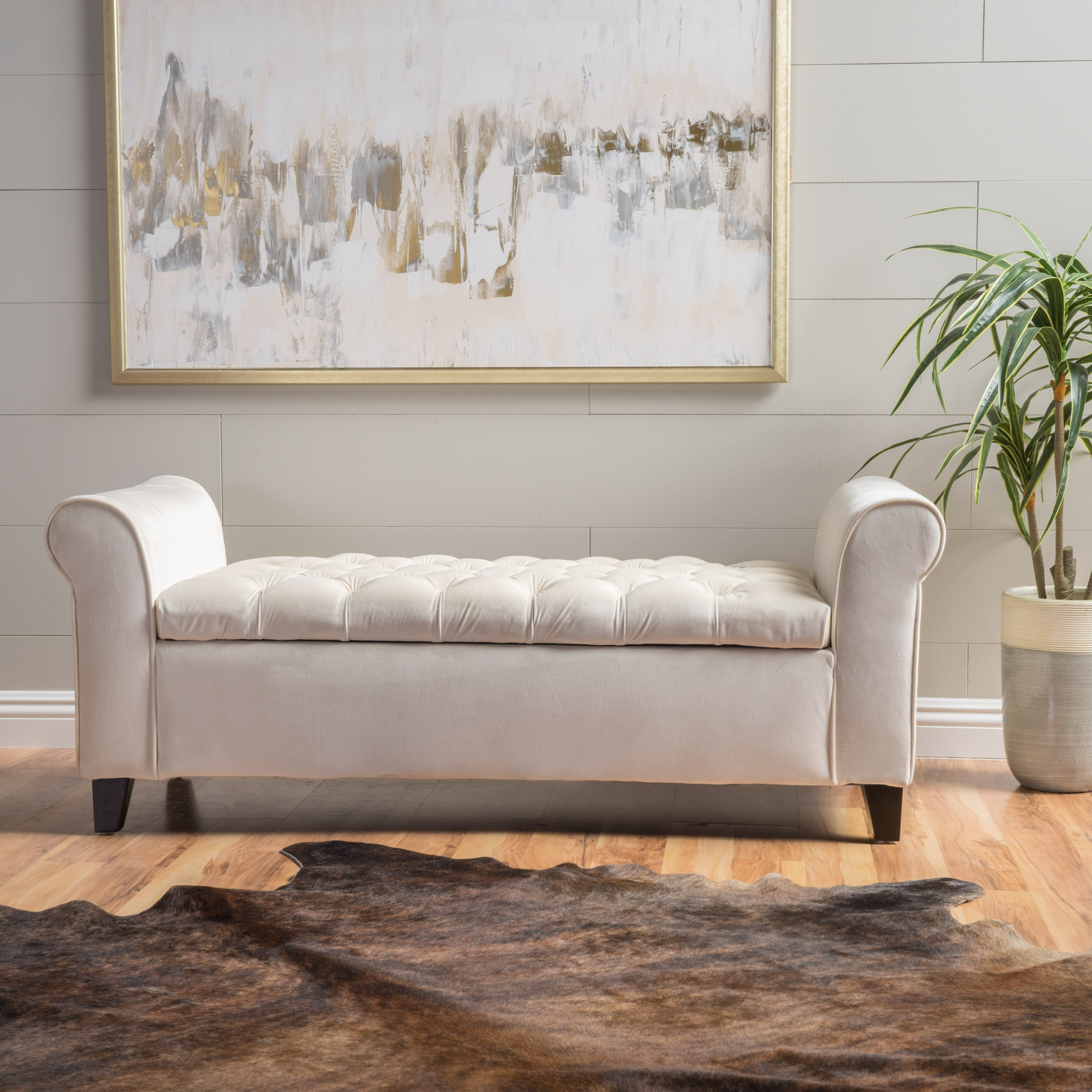 lvory Fabric Storage Bench with Rolled Arms, 38" Seat Width, Black Legs, Button Fabric Design, Living Room Bedroom Entryway Furniture (Original SKU:59335.00NVLT) - Image 5