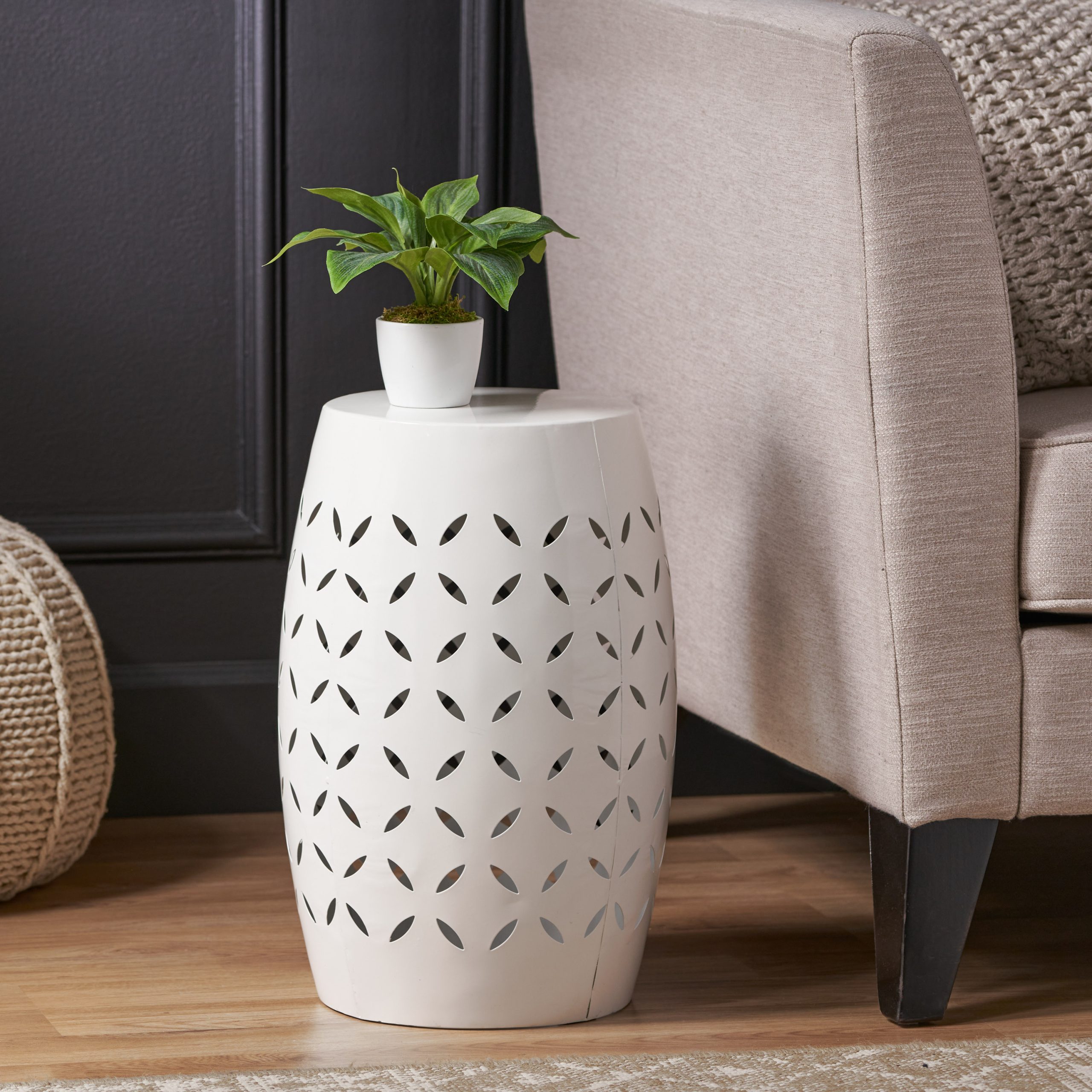 LILAC 12" Accent Side Table, Cylindrical Design End Table for Living Room, Family Room, or Entryway, Industrial Style,Coffee Side Tables for Indoor Outdoor, White Color (Original SKU:61305.00WHI) - Image 6