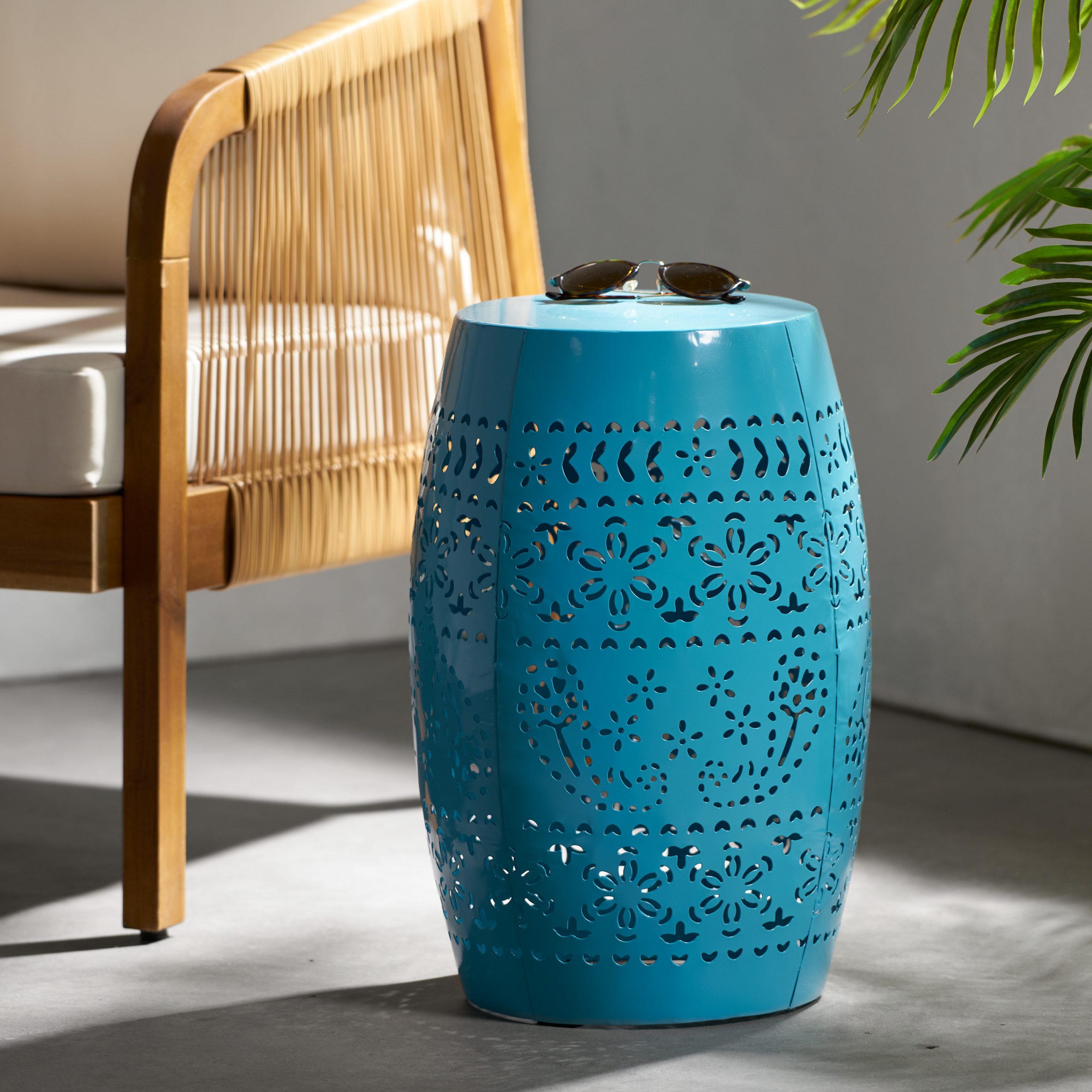 RUBY Side Table, Lace Cut Metal End Table for Outdoor & Indoor Use, Barrel Shape Accent Table with No Assembly Needed for Garden, Patio, Living Room, Backyard Decor (Original SKU:61304.00BLU)
