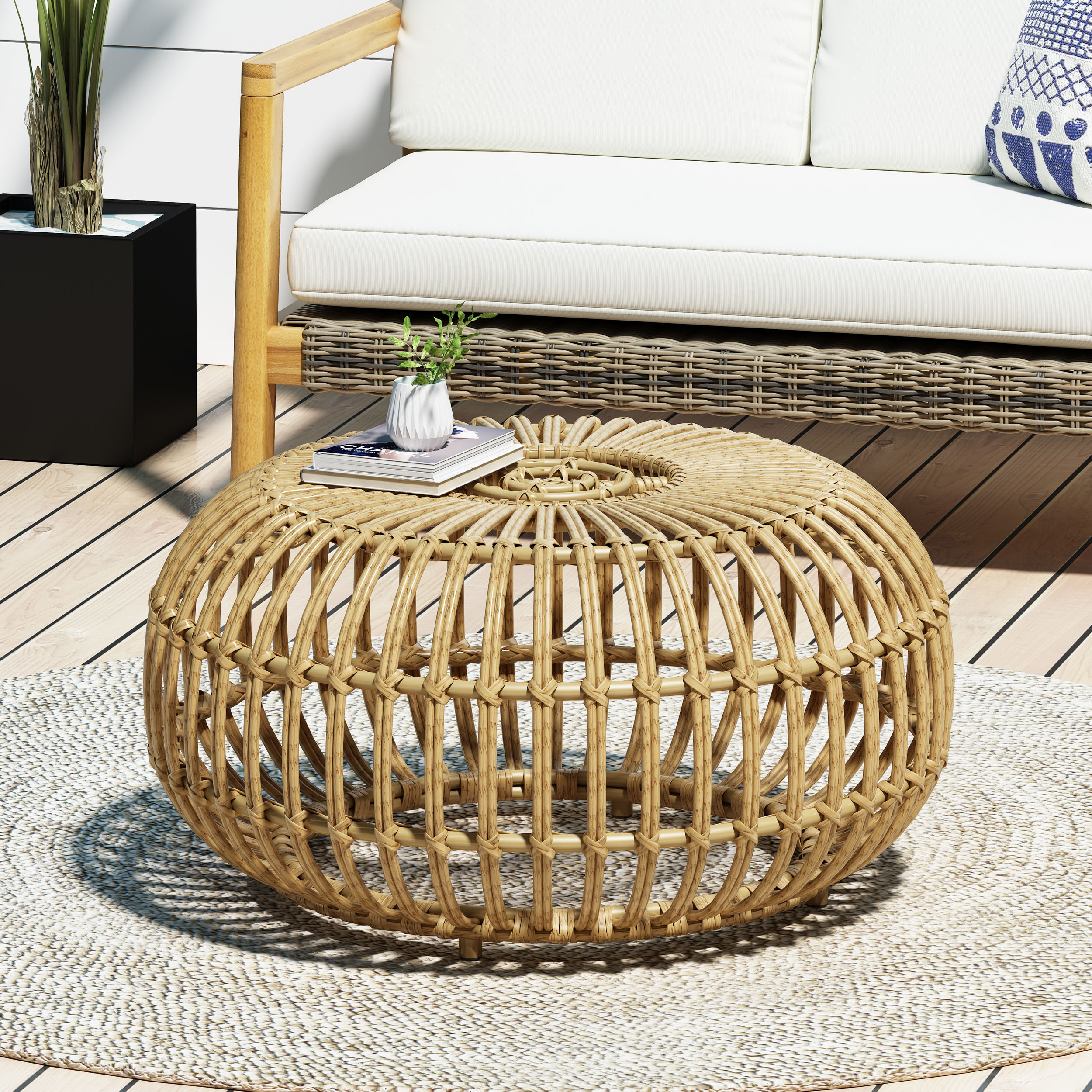 OTTAWA Coffee Table-Bohemian Faux Rattan Weave Accent Table for Indoor Outdoor Use, Handcrafted Round Side Table for Living Room, Patio, Garden,Light Brown Color (Original SKU:70906.00) - Image 3