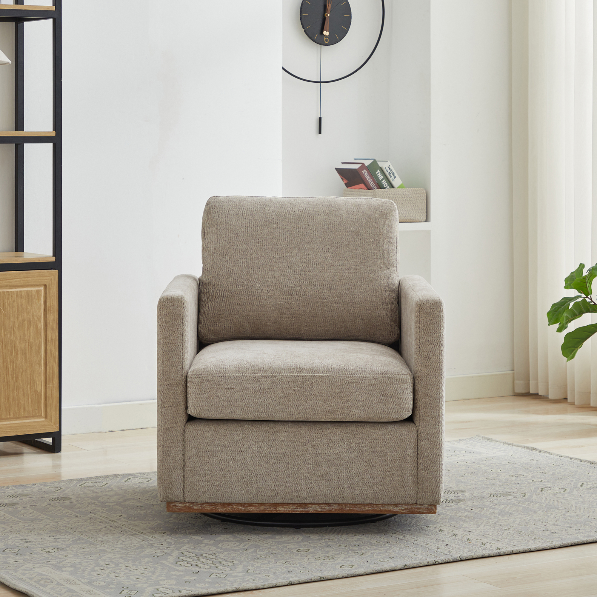 30.7"W Square Upholstered 360° Swivel Accent Chair and Comfy Single Sofa Chair with a Weathered Finished Wooden Base, Club Lounge Reading Armchair for Living Room Bedroom Apartment Nursery. Taupe - Image 2