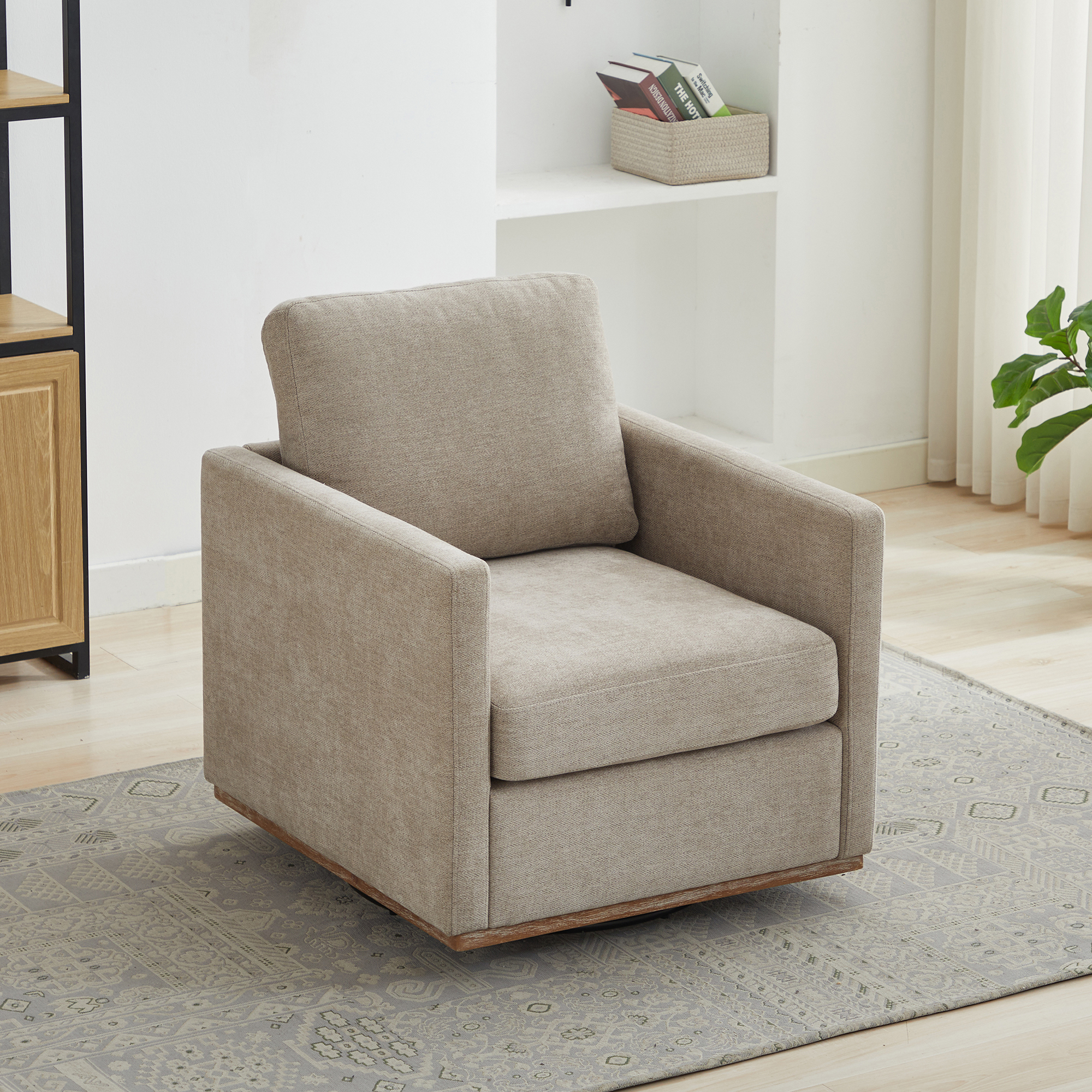30.7"W Square Upholstered 360° Swivel Accent Chair and Comfy Single Sofa Chair with a Weathered Finished Wooden Base, Club Lounge Reading Armchair for Living Room Bedroom Apartment Nursery. Taupe - Image 3