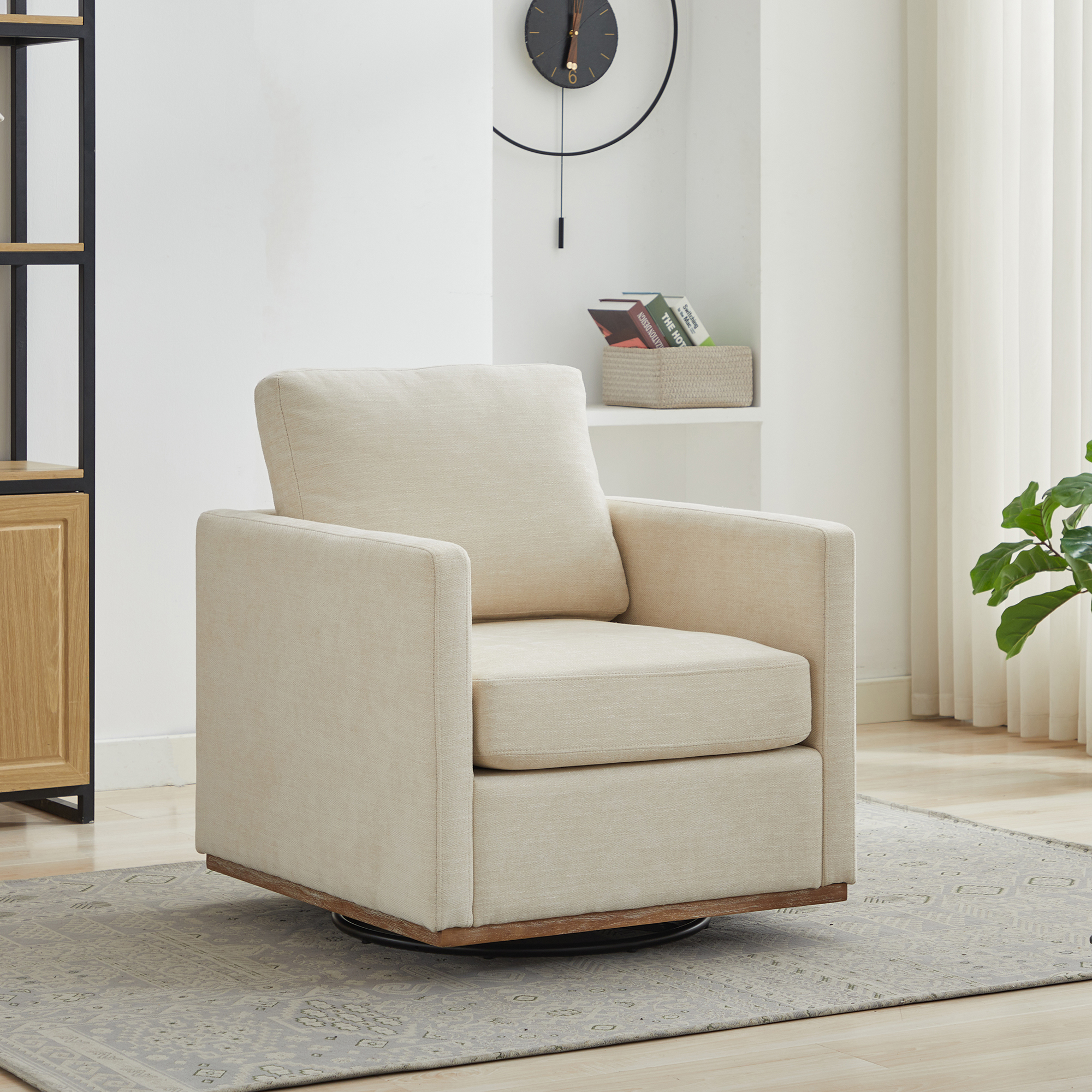 30.7″W Square Upholstered 360° Swivel Accent Chair and Comfy Single Sofa Chair with a Weathered Finished Wooden Base, Club Lounge Reading Armchair for Living Room Bedroom Apartment Nursery. Beige