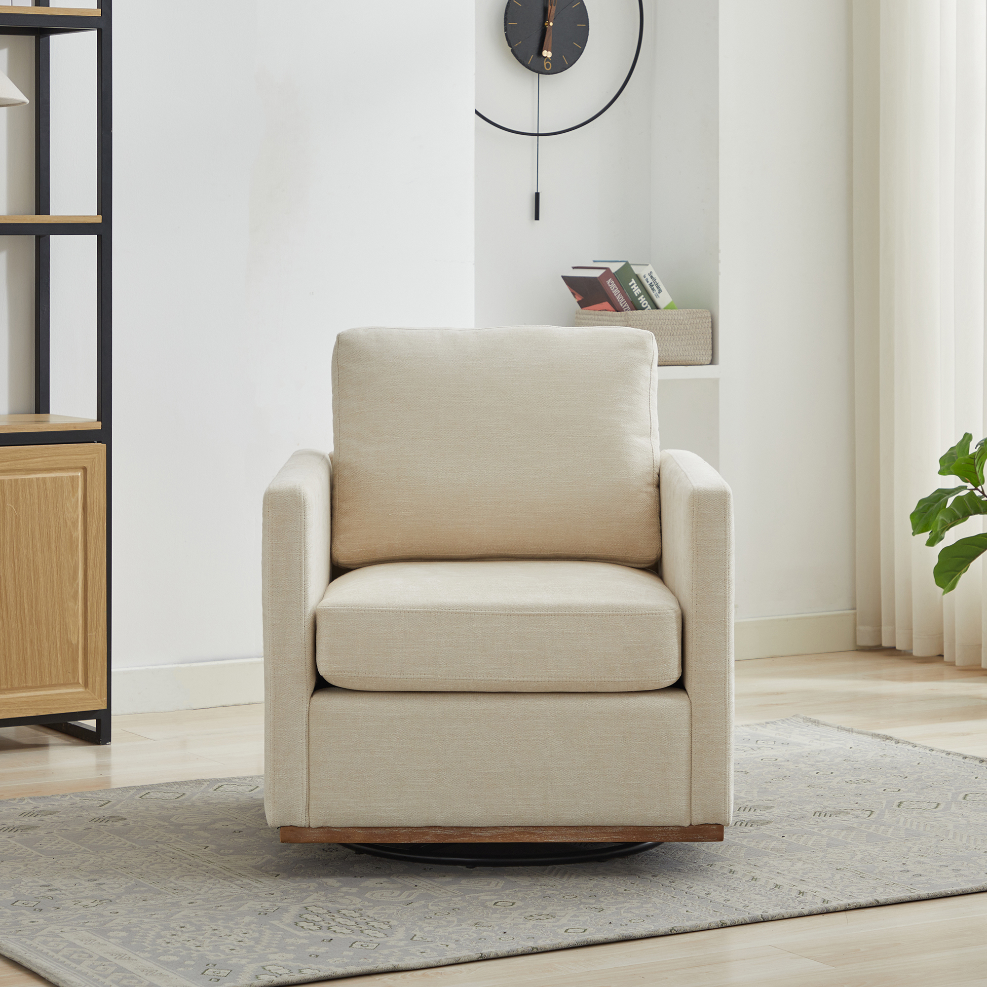 30.7"W Square Upholstered 360° Swivel Accent Chair and Comfy Single Sofa Chair with a Weathered Finished Wooden Base, Club Lounge Reading Armchair for Living Room Bedroom Apartment Nursery. Beige - Image 2