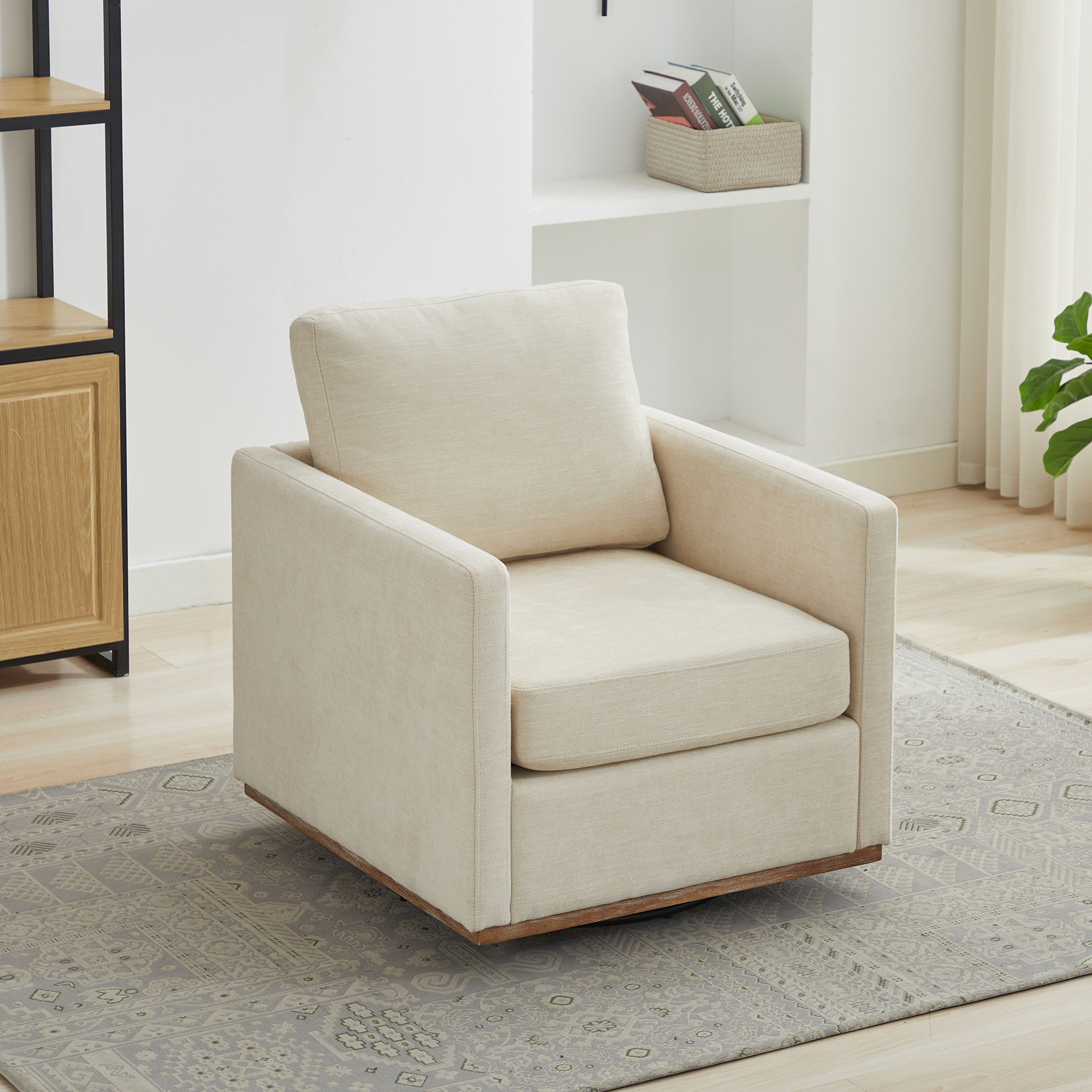 30.7"W Square Upholstered 360° Swivel Accent Chair and Comfy Single Sofa Chair with a Weathered Finished Wooden Base, Club Lounge Reading Armchair for Living Room Bedroom Apartment Nursery. Beige - Image 3