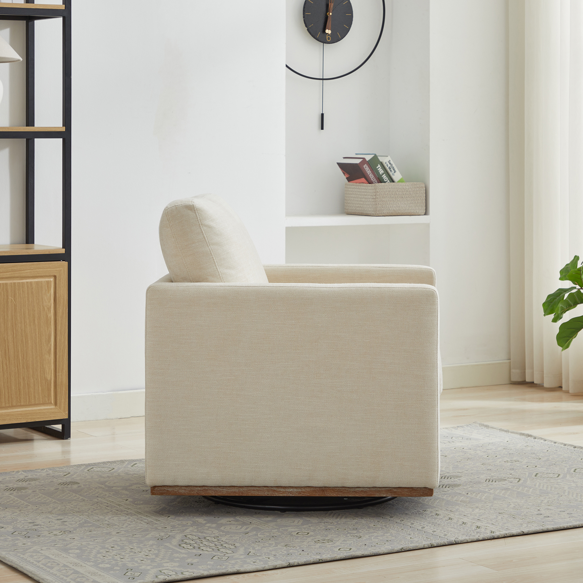 30.7"W Square Upholstered 360° Swivel Accent Chair and Comfy Single Sofa Chair with a Weathered Finished Wooden Base, Club Lounge Reading Armchair for Living Room Bedroom Apartment Nursery. Beige - Image 4
