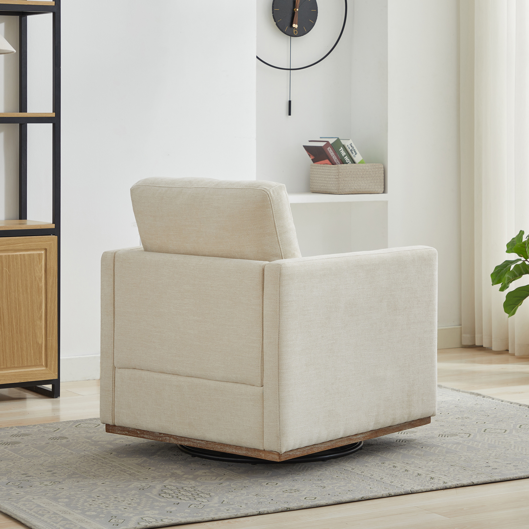 30.7"W Square Upholstered 360° Swivel Accent Chair and Comfy Single Sofa Chair with a Weathered Finished Wooden Base, Club Lounge Reading Armchair for Living Room Bedroom Apartment Nursery. Beige - Image 6
