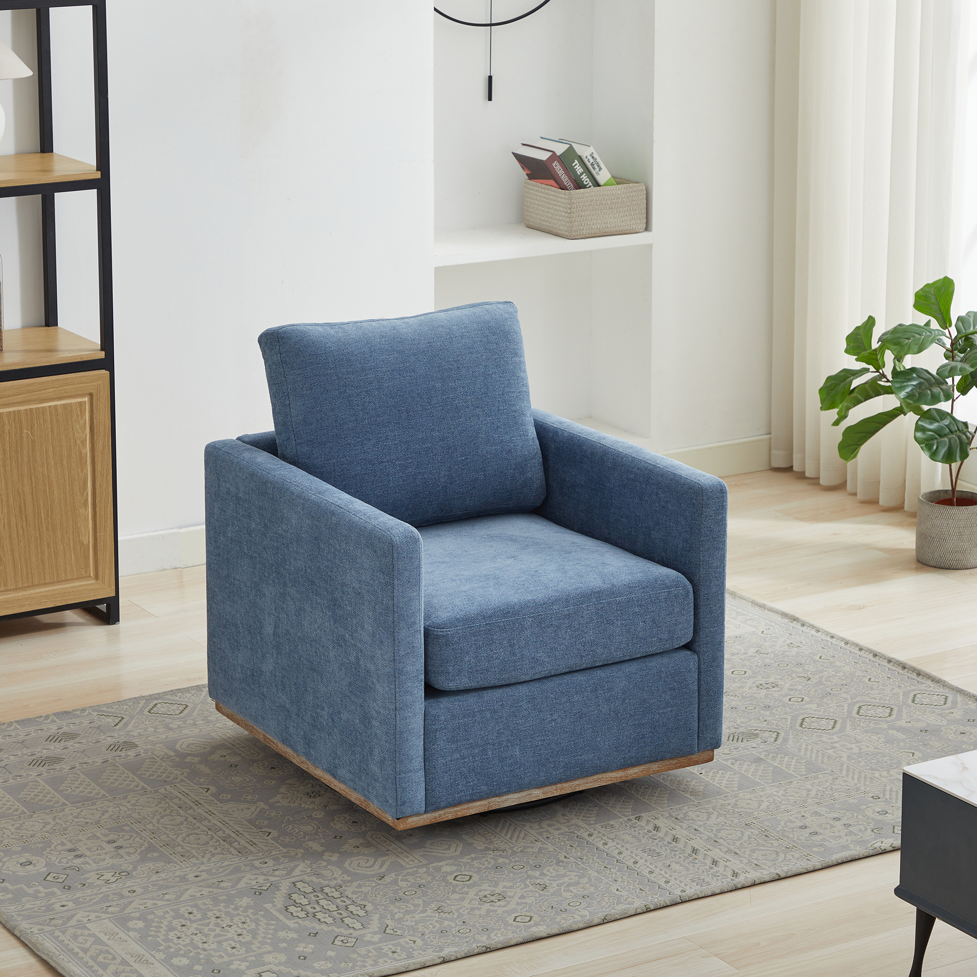 30.7"W Square Upholstered 360° Swivel Accent Chair and Comfy Single Sofa Chair with a Weathered Finished Wooden Base, Club Lounge Reading Armchair for Living Room Bedroom Apartment Nursery. Blue - Image 2