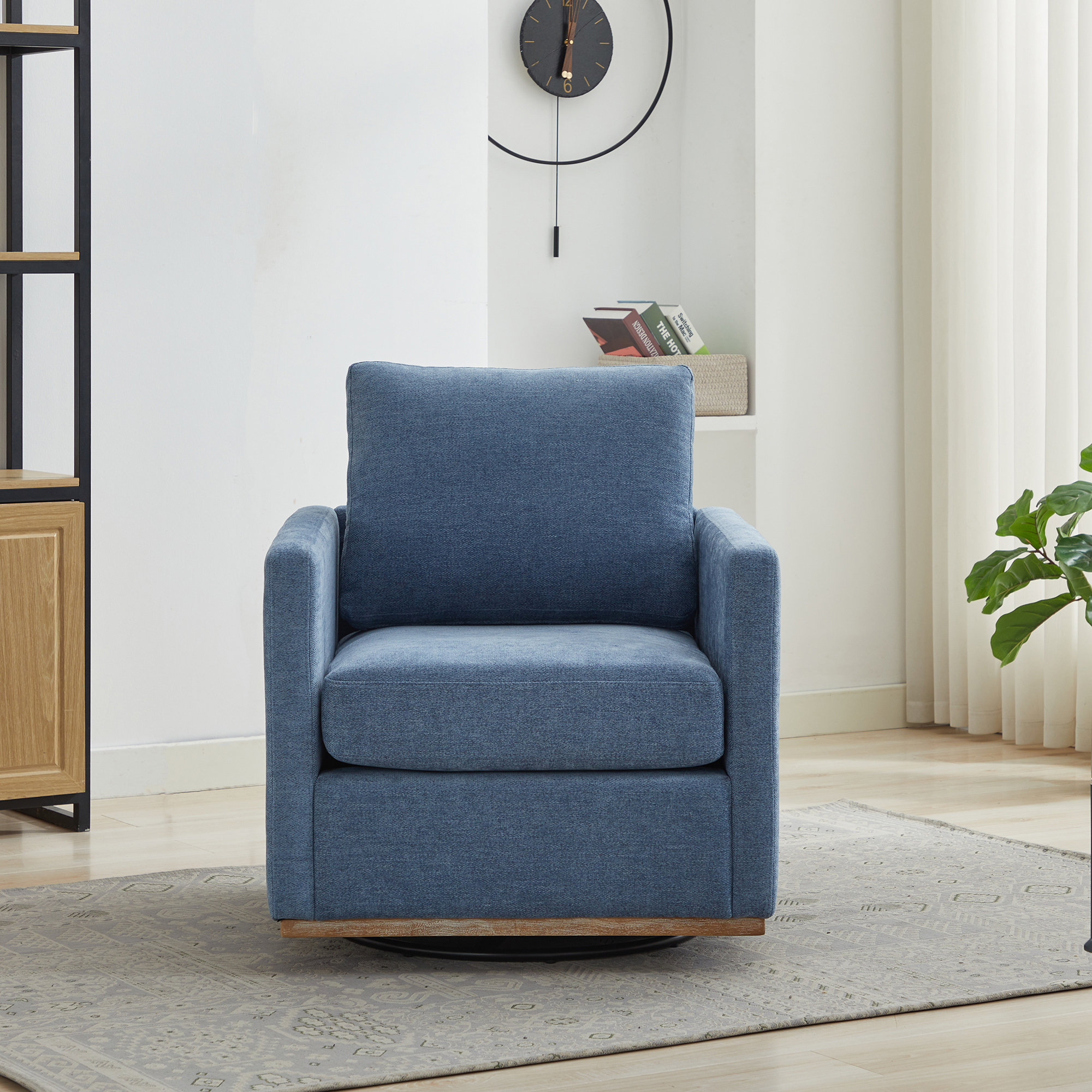 30.7"W Square Upholstered 360° Swivel Accent Chair and Comfy Single Sofa Chair with a Weathered Finished Wooden Base, Club Lounge Reading Armchair for Living Room Bedroom Apartment Nursery. Blue - Image 3