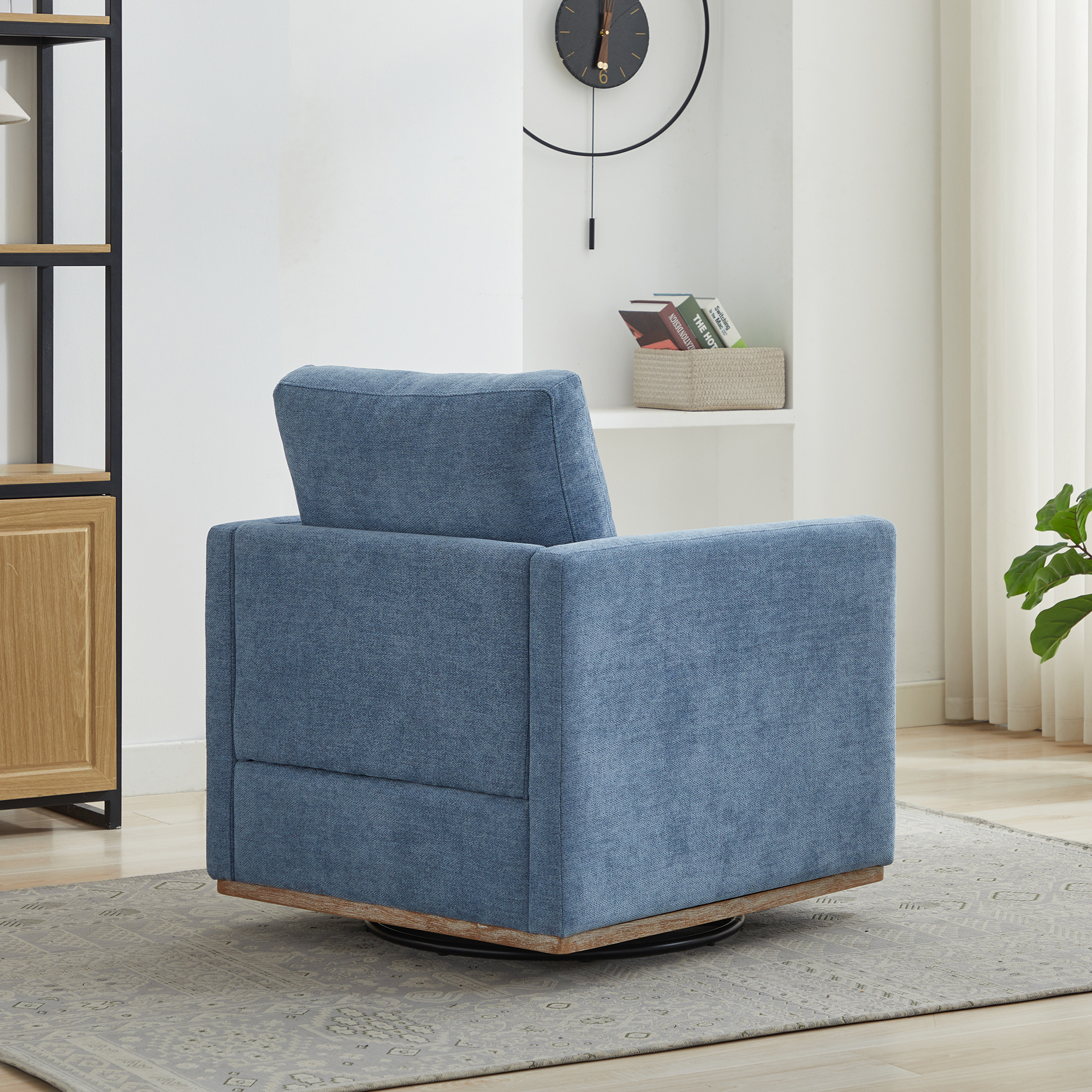 30.7"W Square Upholstered 360° Swivel Accent Chair and Comfy Single Sofa Chair with a Weathered Finished Wooden Base, Club Lounge Reading Armchair for Living Room Bedroom Apartment Nursery. Blue - Image 6