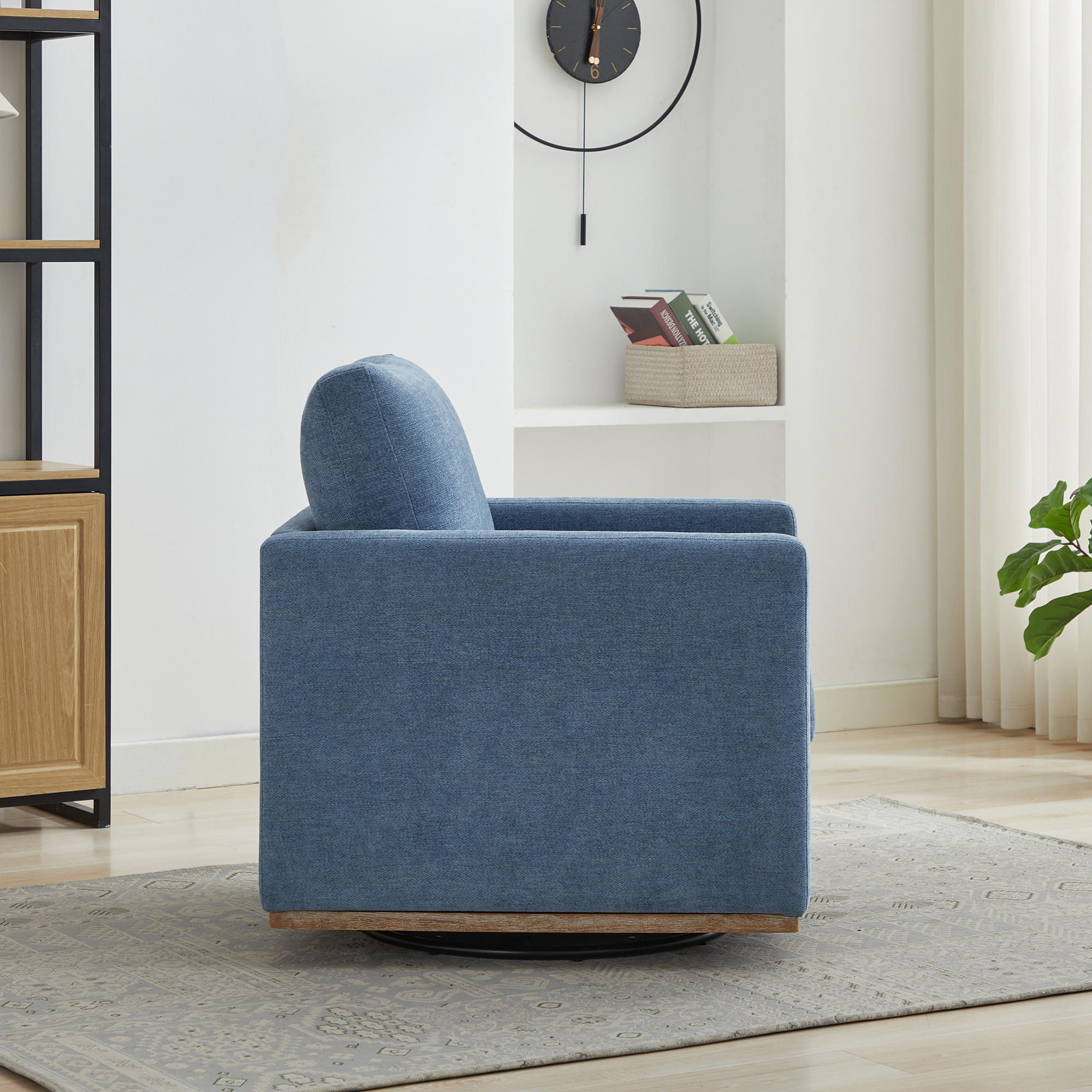 30.7"W Square Upholstered 360° Swivel Accent Chair and Comfy Single Sofa Chair with a Weathered Finished Wooden Base, Club Lounge Reading Armchair for Living Room Bedroom Apartment Nursery. Blue - Image 5