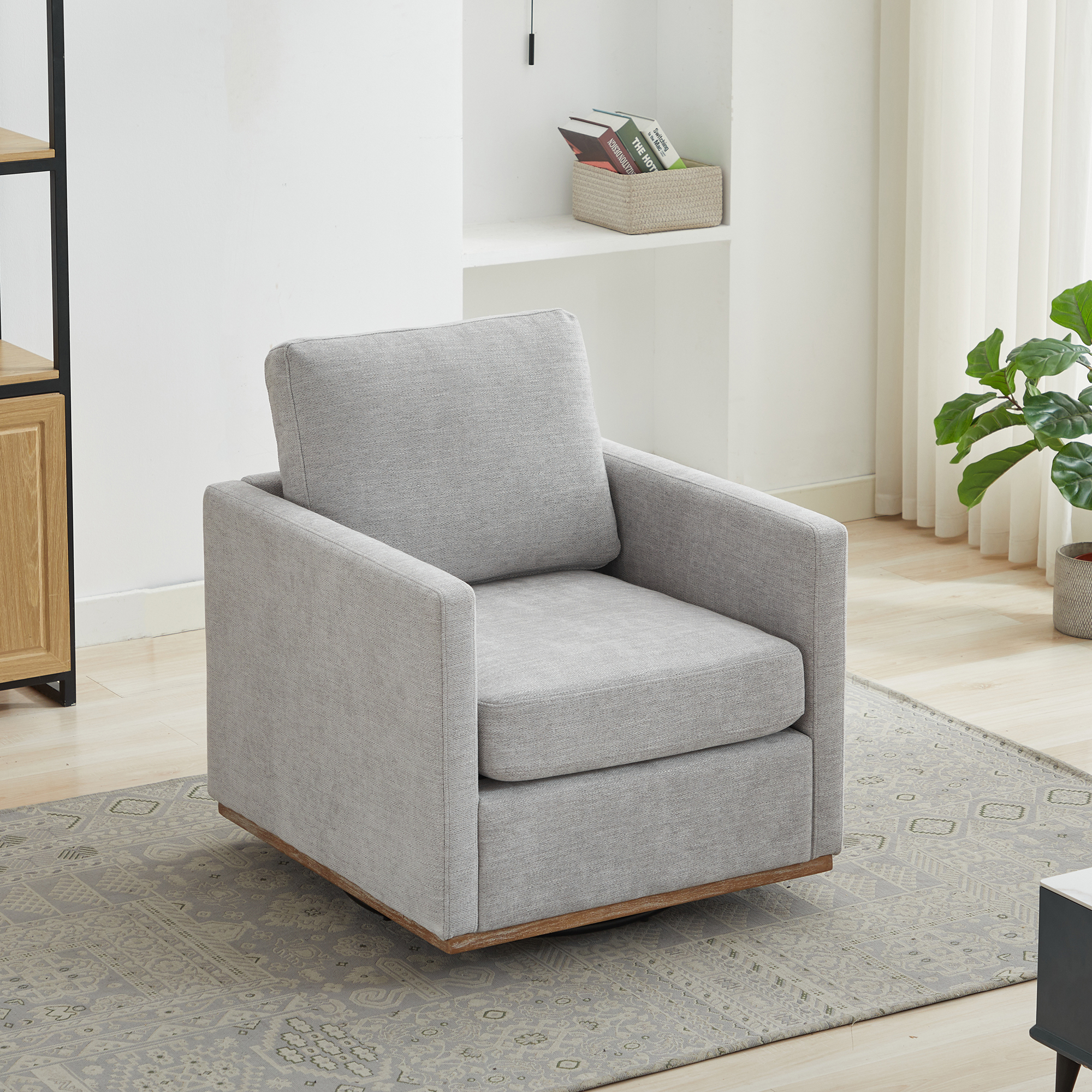 30.7"W Square Upholstered 360° Swivel Accent Chair and Comfy Single Sofa Chair with a Weathered Finished Wooden Base, Club Lounge Reading Armchair for Living Room Bedroom Apartment Nursery. Light Gray - Image 2
