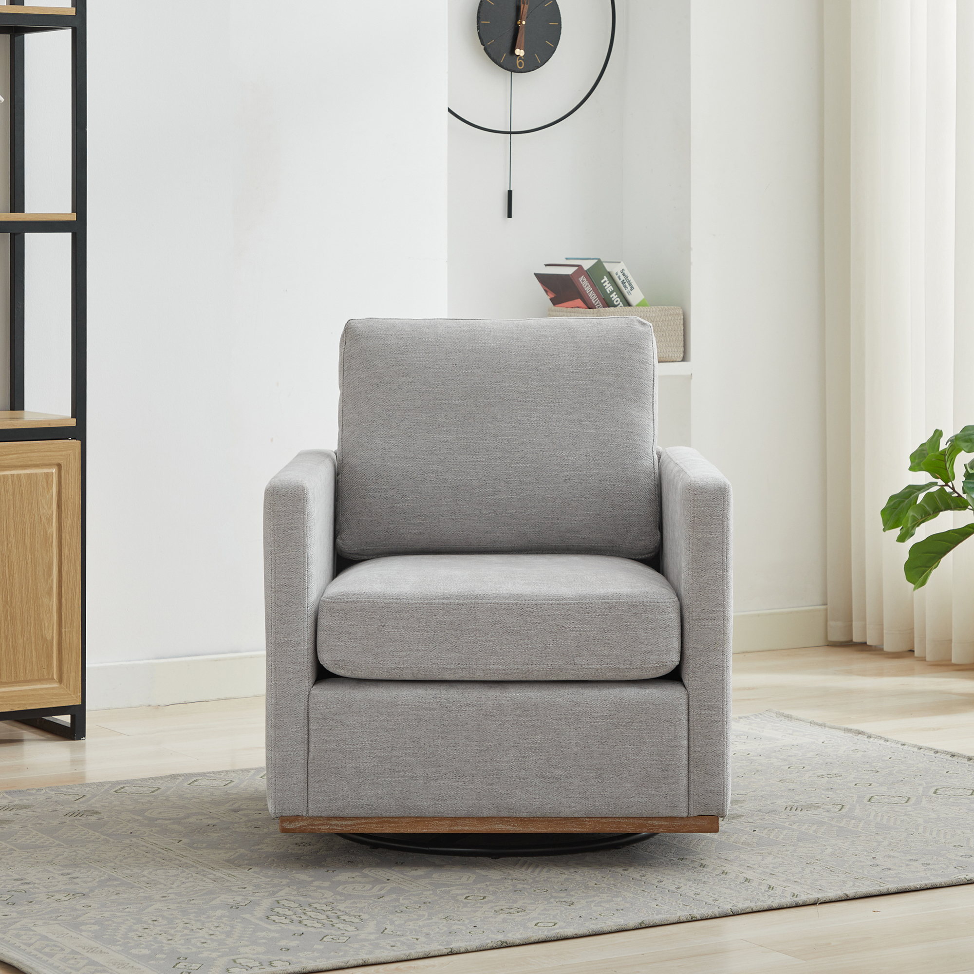 30.7"W Square Upholstered 360° Swivel Accent Chair and Comfy Single Sofa Chair with a Weathered Finished Wooden Base, Club Lounge Reading Armchair for Living Room Bedroom Apartment Nursery. Light Gray - Image 3