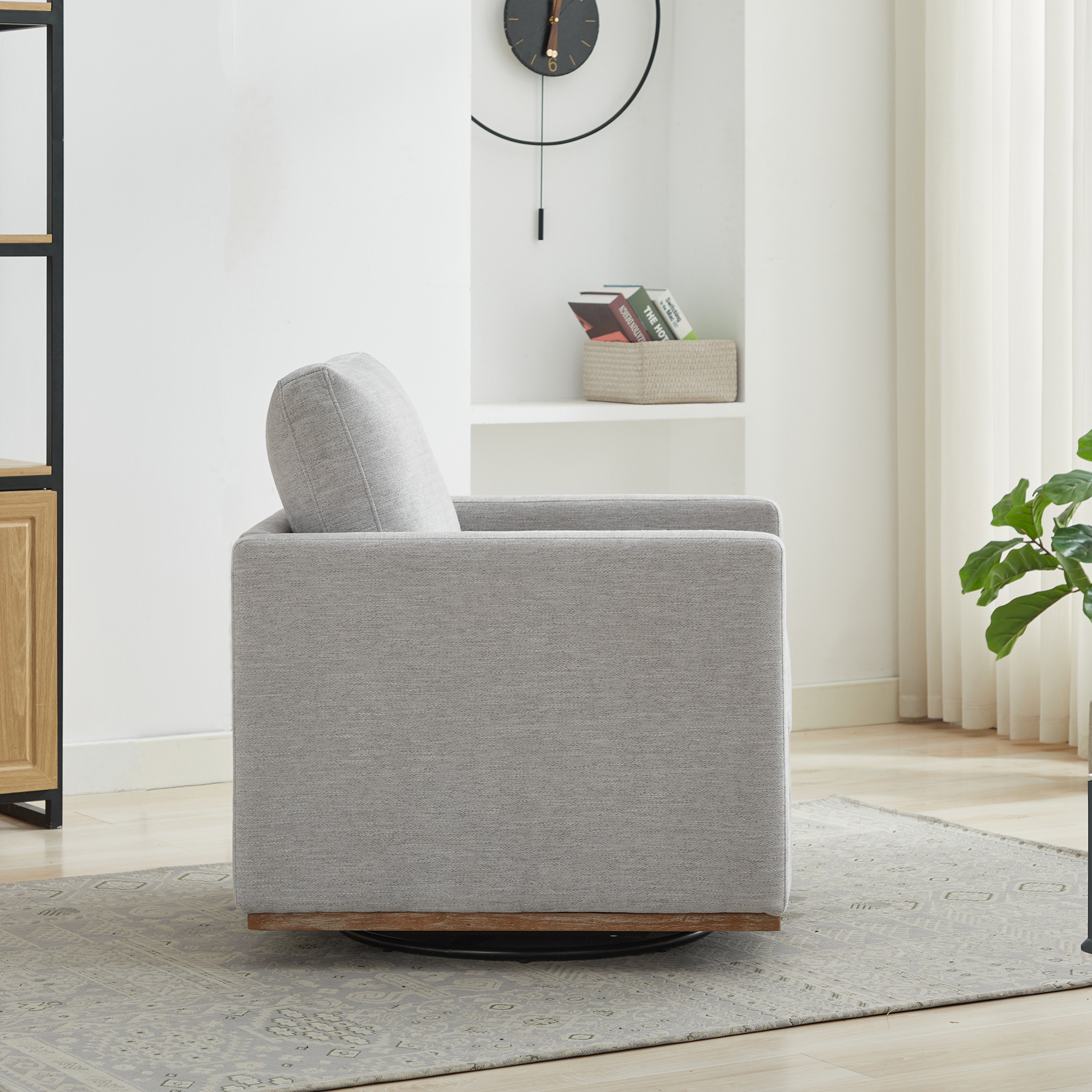 30.7"W Square Upholstered 360° Swivel Accent Chair and Comfy Single Sofa Chair with a Weathered Finished Wooden Base, Club Lounge Reading Armchair for Living Room Bedroom Apartment Nursery. Light Gray - Image 5