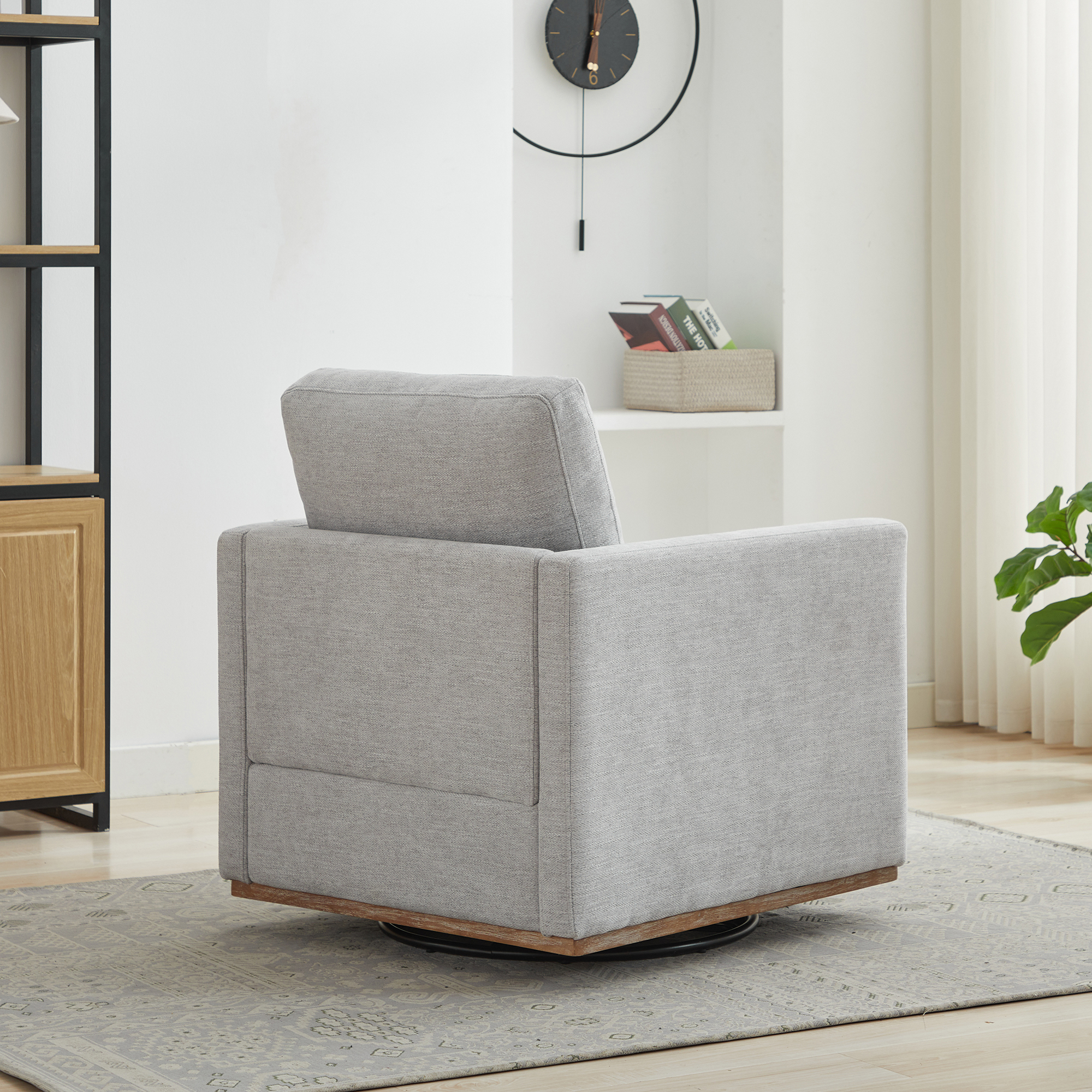 30.7"W Square Upholstered 360° Swivel Accent Chair and Comfy Single Sofa Chair with a Weathered Finished Wooden Base, Club Lounge Reading Armchair for Living Room Bedroom Apartment Nursery. Light Gray - Image 6