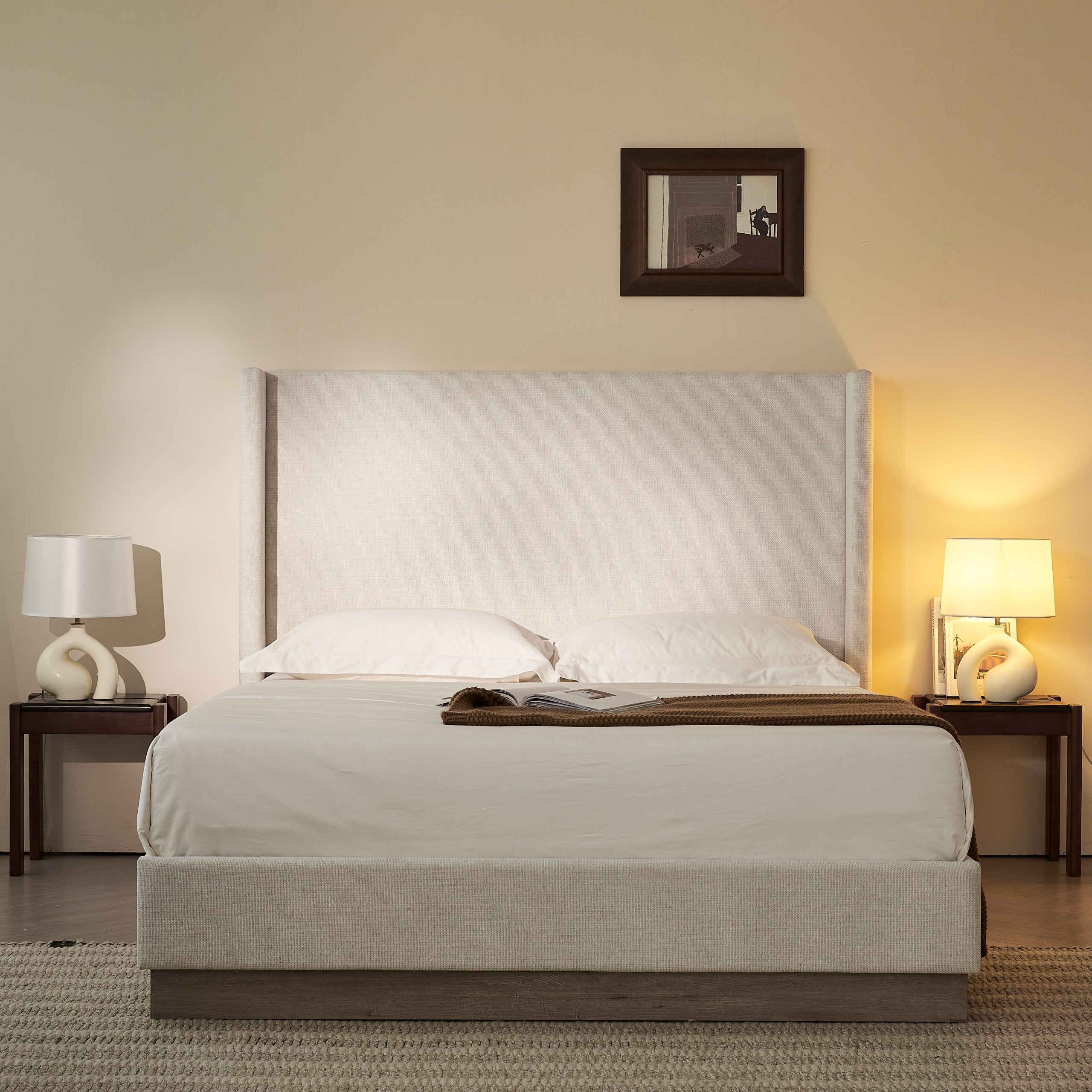Hosford Upholstered Wingback Bed / Upholstered Wood Base Platform Bed / 52.5" High Headboard / Minimalist / Rusticity / No Box Spring Needed / Full / Textured Ivory Canvas / No Noise - Image 1
