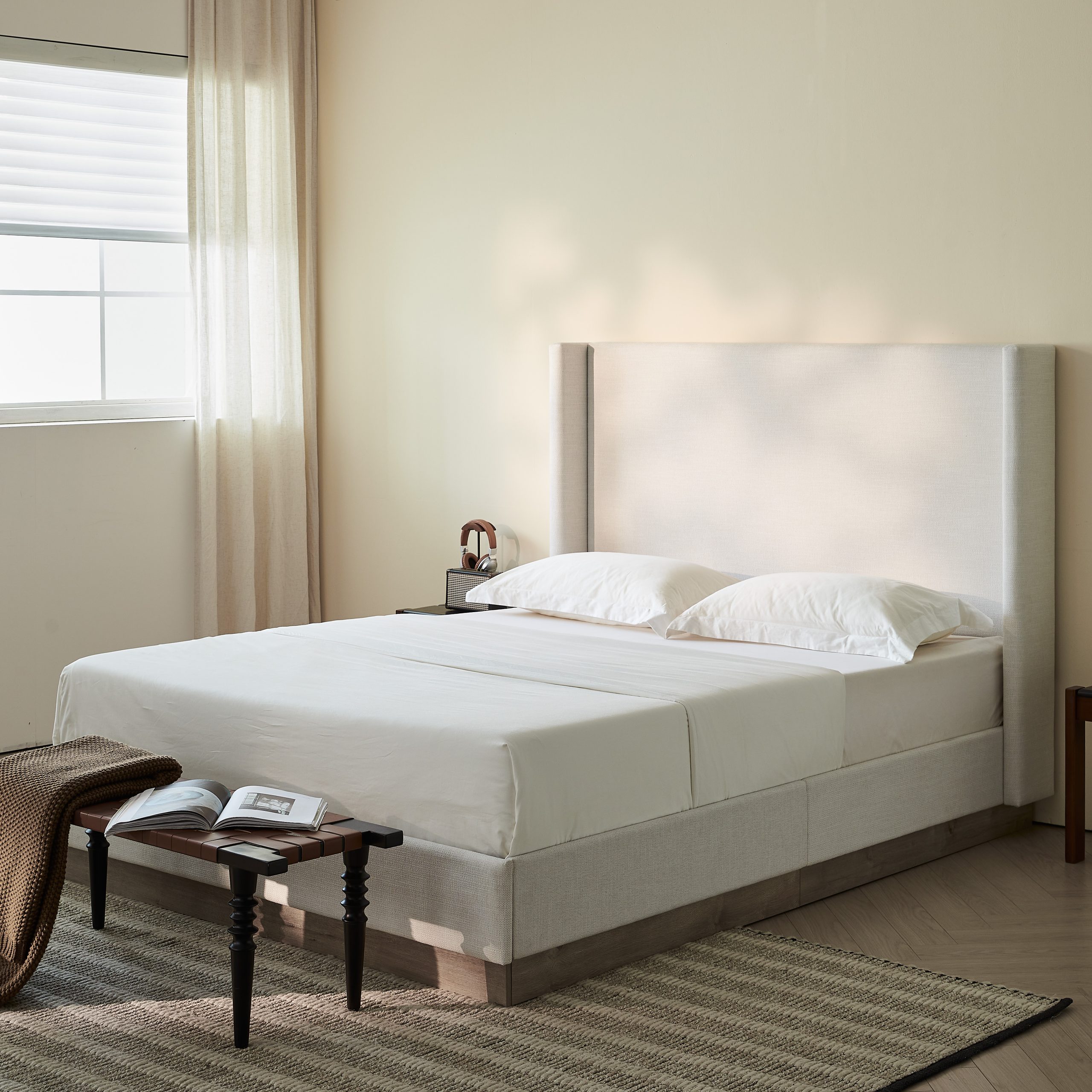 Hosford Upholstered Wingback Bed / Upholstered Wood Base Platform Bed / 52.5" High Headboard / Minimalist / Rusticity / No Box Spring Needed / Full / Textured Ivory Canvas / No Noise - Image 2