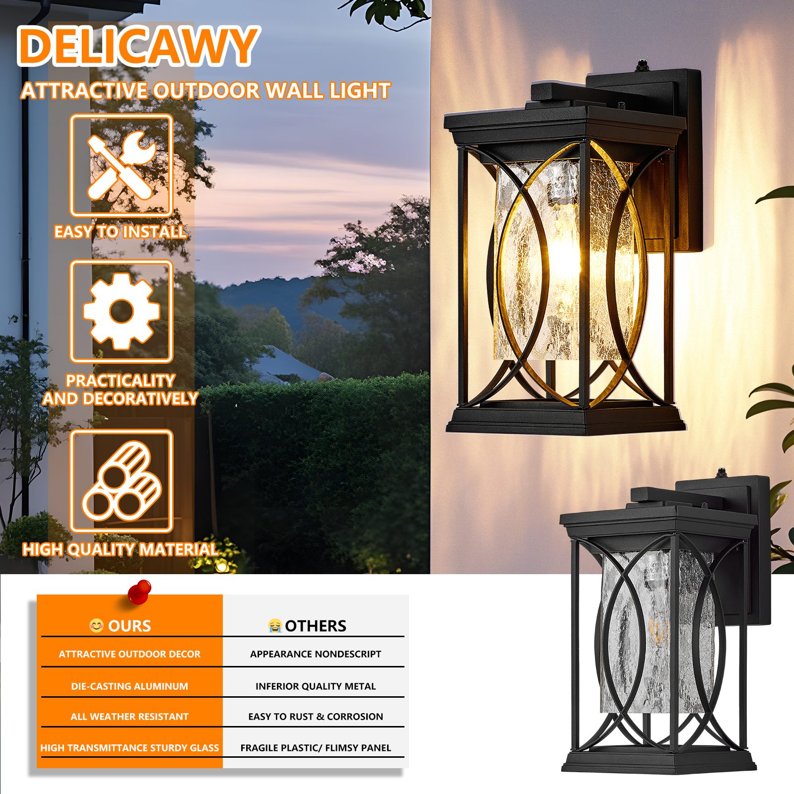 Oil Rubbed Bronze Porch Light Dusk to Dawn Outdoor Wall Lantern Small Modern Exterior Light Fixture Aluminum with Crack-Like Glass IP65 Waterproof Outdoor Sconce Outside Light for House, Front Door - Image 4