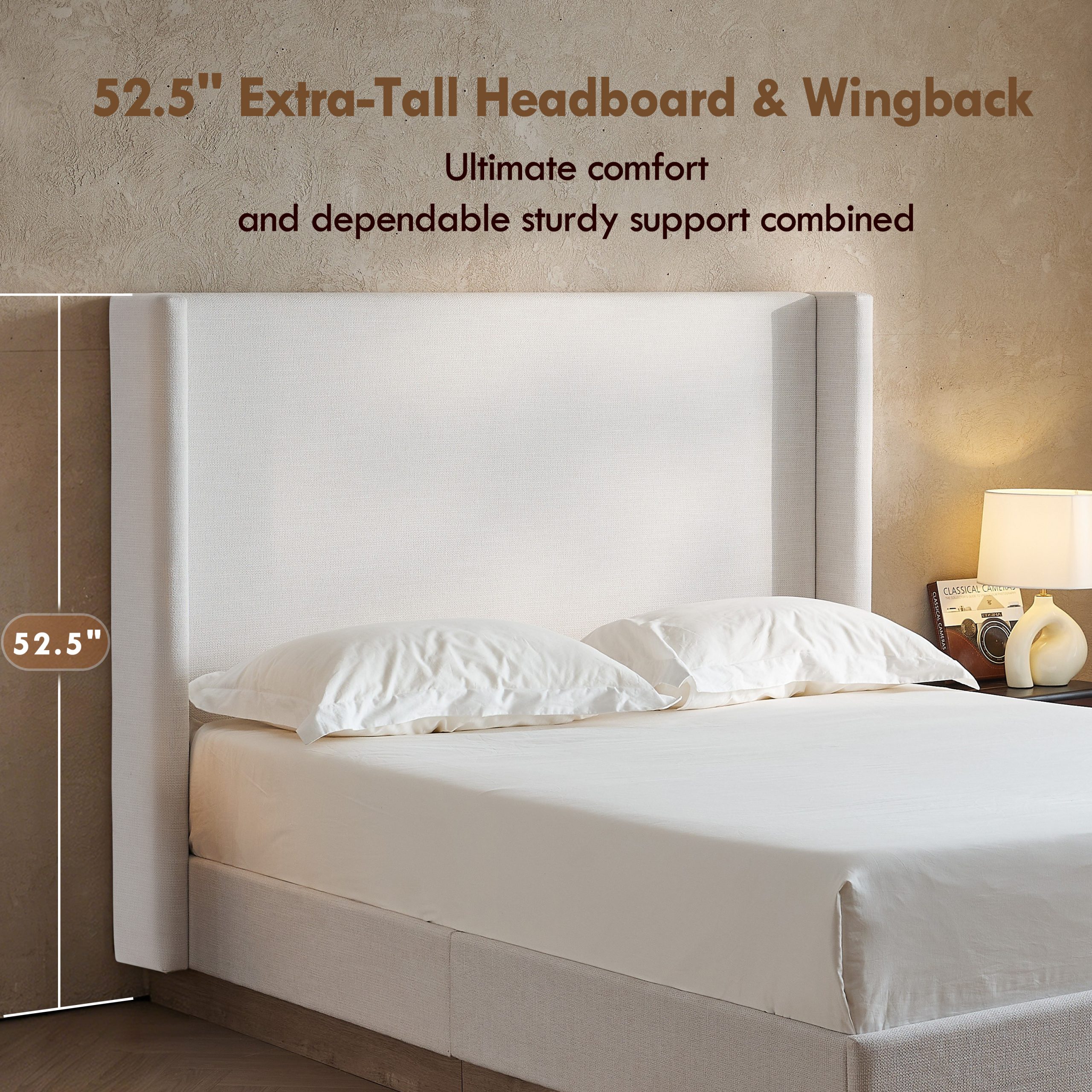 Hosford Upholstered Wingback Bed / Upholstered Wood Base Platform Bed / 52.5" High Headboard / Minimalist / Rusticity / No Box Spring Needed / King / Textured Ivory Canvas / No Noise - Image 6