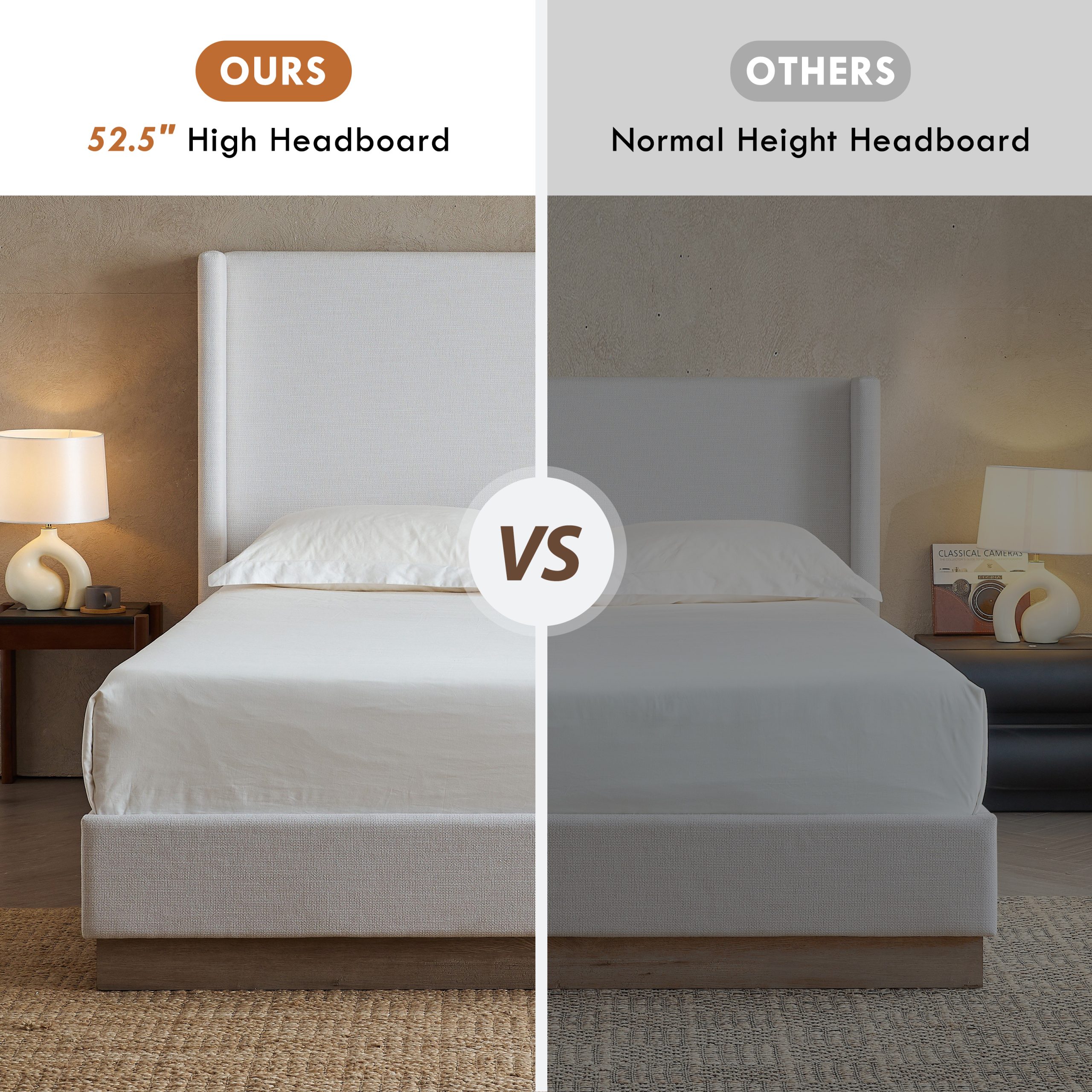 Hosford Upholstered Wingback Bed / Upholstered Wood Base Platform Bed / 52.5" High Headboard / Minimalist / Rusticity / No Box Spring Needed / Full / Textured Ivory Canvas / No Noise - Image 5
